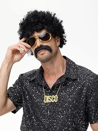 Men's 70s Outfit 70s Disco Retro Costume Shirt and Flared Trousers with Wig Sunglasses Moustache Necklace Wig Hair Net