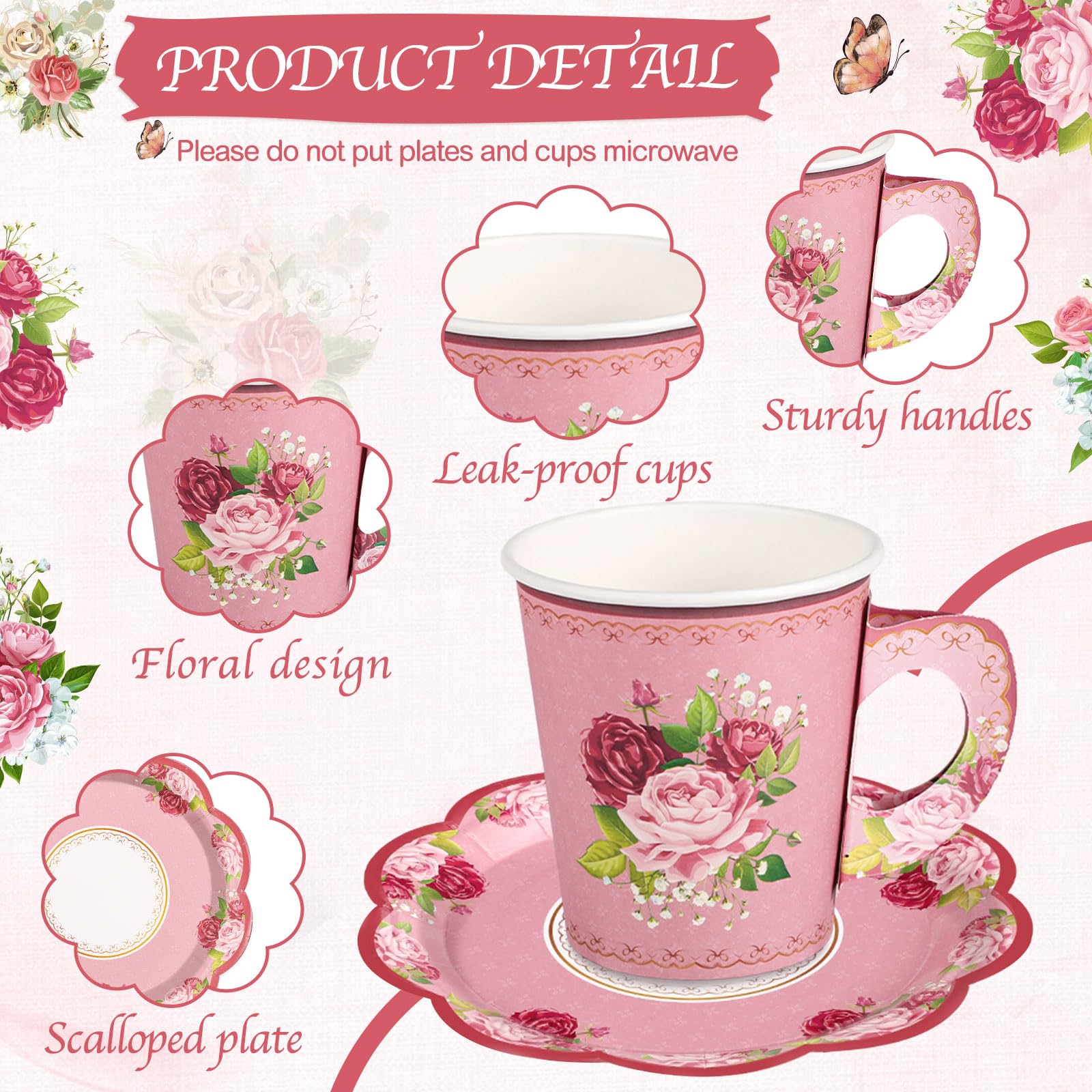 NatNarr Lot de 48 tasses jetables vintage à motif floral 200 ml | Avec poignée et assiettes, tasses à thé et soucoupes pour bébé, fête prénuptiale, mariage, anniversaire (style vintage)