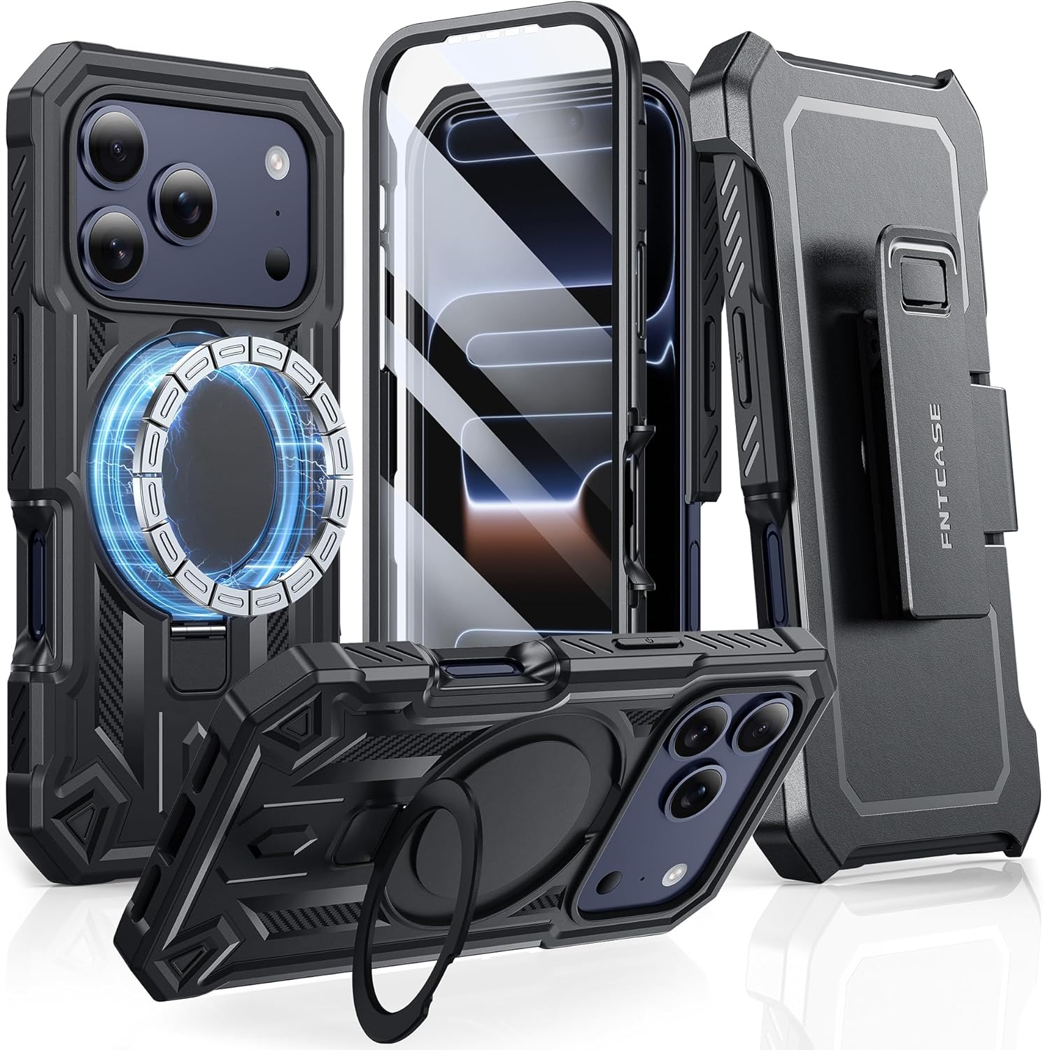 FNTCASE for iPhone 17 Pro Case: with Kickstand [Built-in Screen Protector & Belt Clip] [Compatible with MagSafe] Drop Protective Military Grade Sturdy Magnetic Cell Phone Cover Black