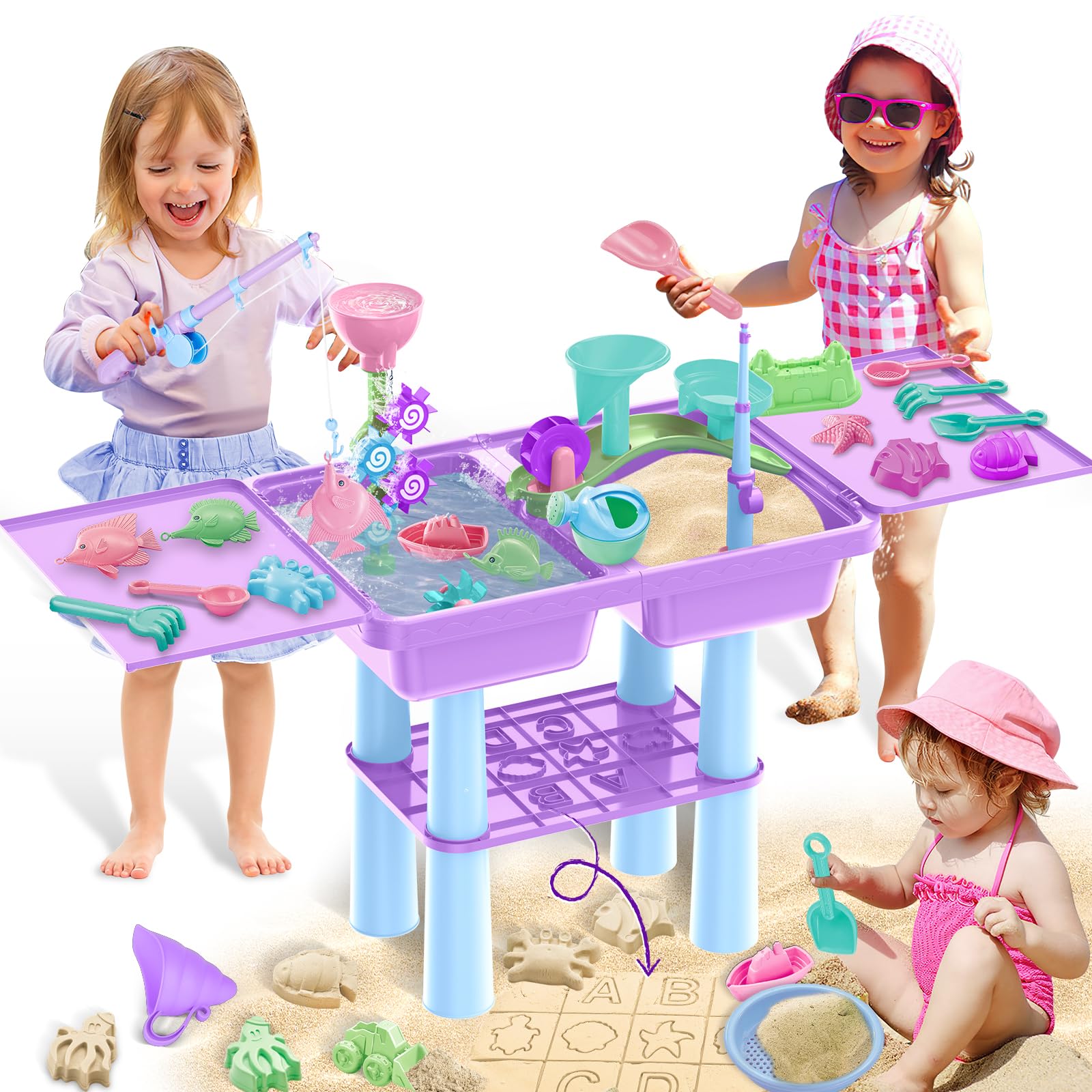 deAO Sand and Water Table for Toddlers, Outdoor Sand Water Play Table with 25PCS Beach Toys and 2 Fishing Pool Toys, Sand Pit Water Activity Table Summer Beach Garden Toy for 3+ Boys Girls (Purple)