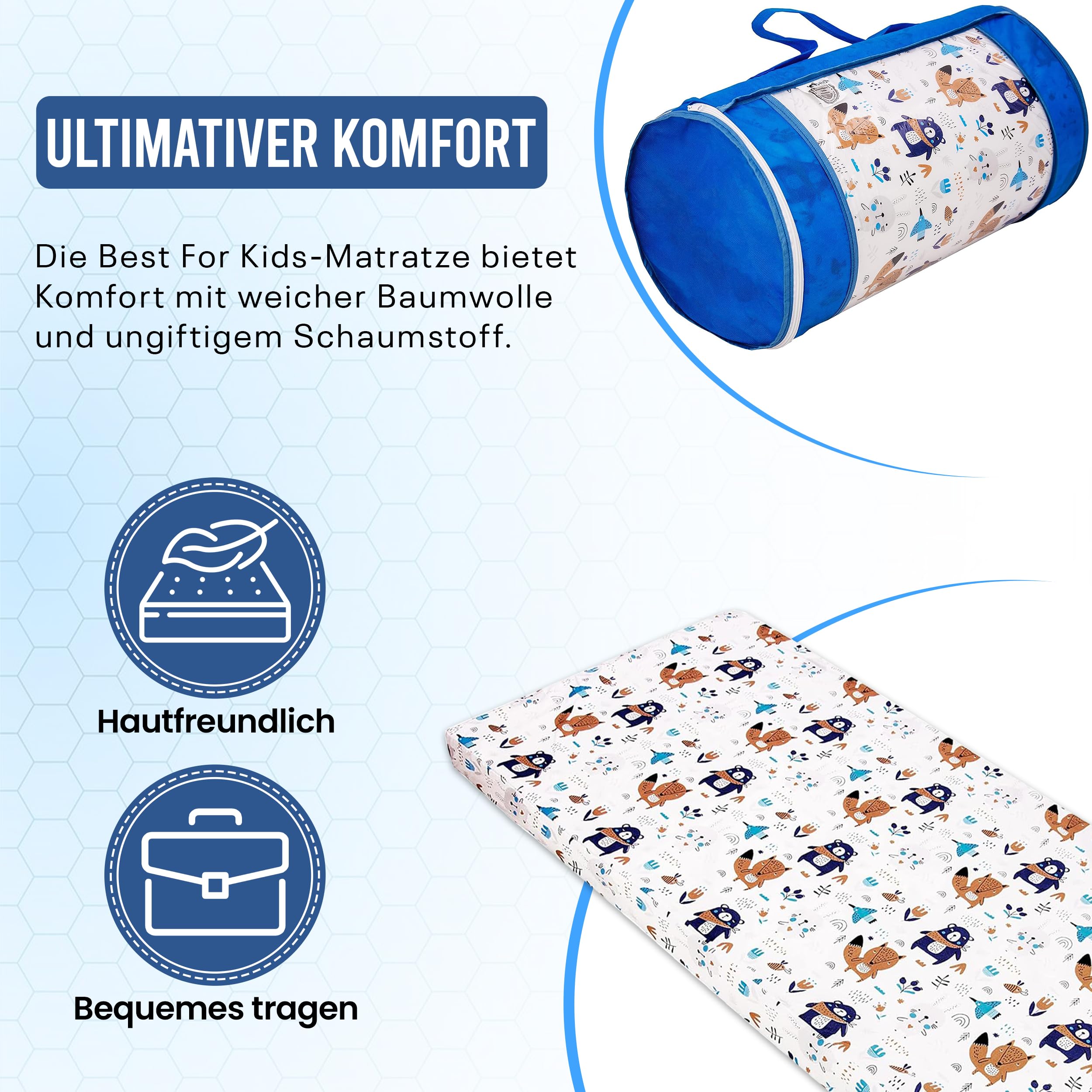 Matelas bébé 70x140 Parapluie Pliable avec Housse de Transport Bleue Housse en Coton Amovible et Lavable Design Enroulable Premium