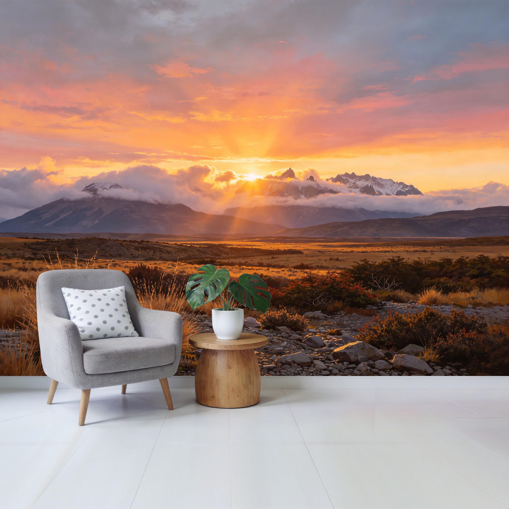 Custom Size Wall Mural Golden Sunset Mountain Landscape Scenic View Removable Self Adhesive Fabric，Home Wall Decor for Living Room Bedroom Bathroom