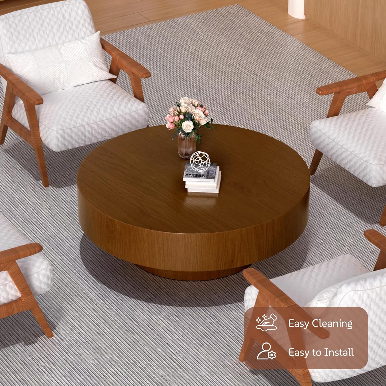 39.37" Round Faux Wood Pattern Coffee Table Modern Drum Coffee Table with Sturdy Pedestal Rustic Circle Center Cocktail Tables for Living Room Apartment Reception Room,Walnut 39.37"