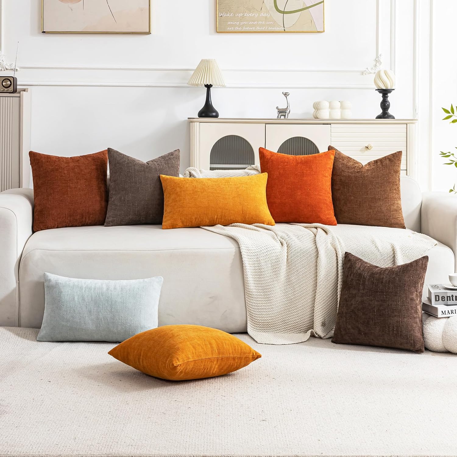 Set of 4 Soft Textured Decorative Throw Pillow Covers 18x18 Inch Cozy Farmhouse Cushion Cover Square Accent Pillow Cases for Bed Couch Sofa Living Room, Beige Rust Orange