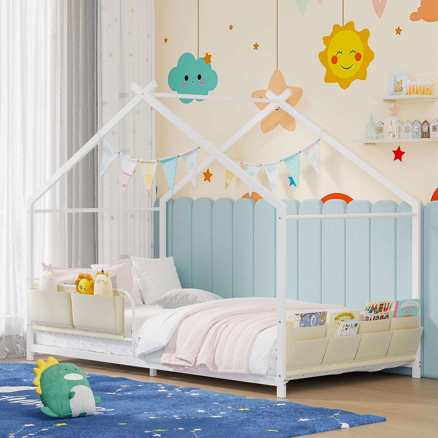 Timy House Shape Twin Size Montessori House Bed Metal Floor Bed with Caddy Twin Bedframe for Kids No Box Spring Needed White White With Caddy