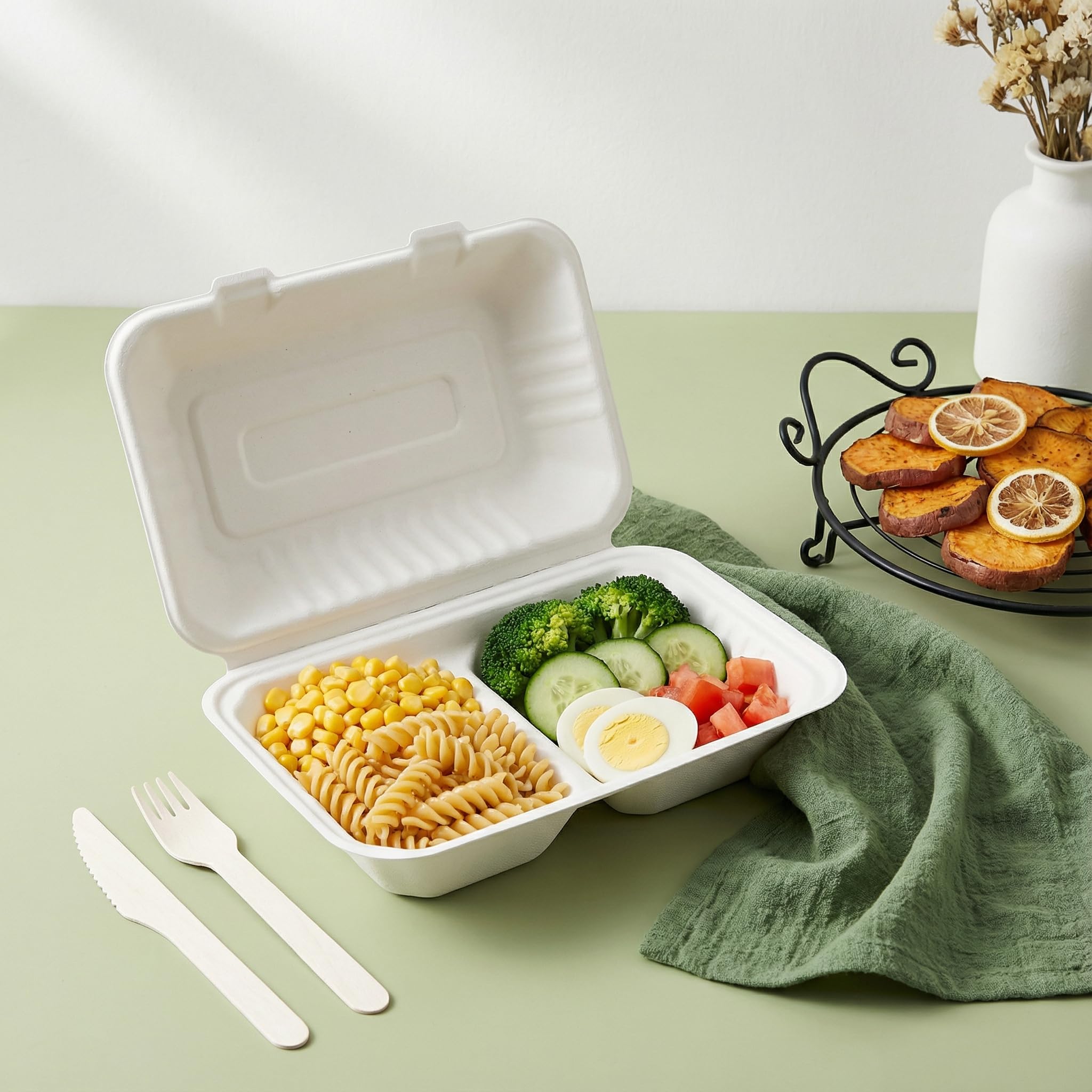 Elsjoy 90 Stück Clamshell Take Out Container, 2 Menübox Einweg 2-geteilt rechteckiger,Weiße lunchboxen mit klappdeckel ideal,Einweg To Go Boxen Zuckerrohr Verpackungen