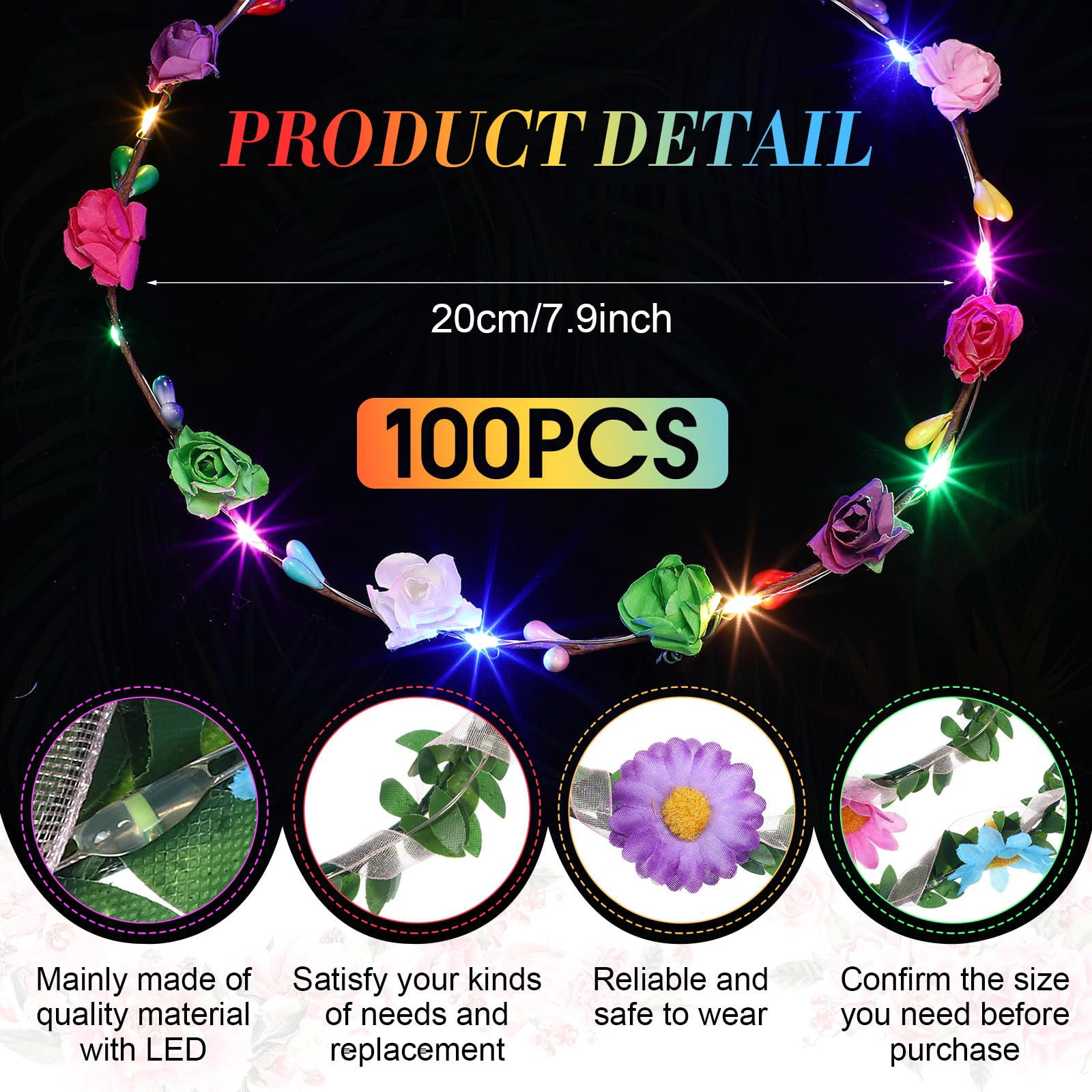 Retrowavy Serre-tête lumineux avec 100 LED - Couronne florale - Accessoires pour cheveux pour femmes et filles - Pour mariage, fête d'anniversaire