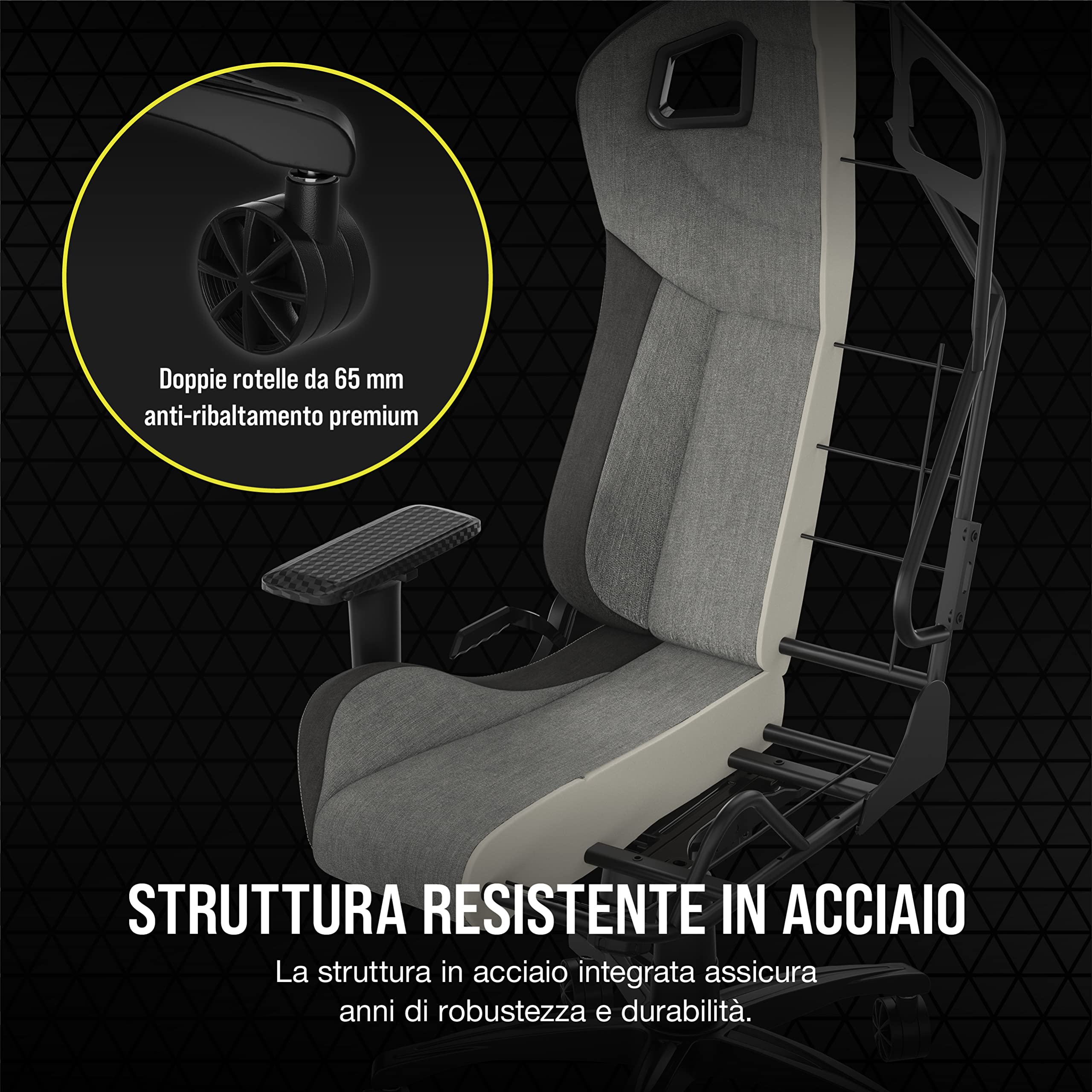 Corsair T3 RUSH Fabric (2023) Sedia da Gioco, Tessuto Esterno Morbido Traspirante, Cuscino Cervicale Regolabile e supporto Lombare in Memory Foam, Grigio/Carbone