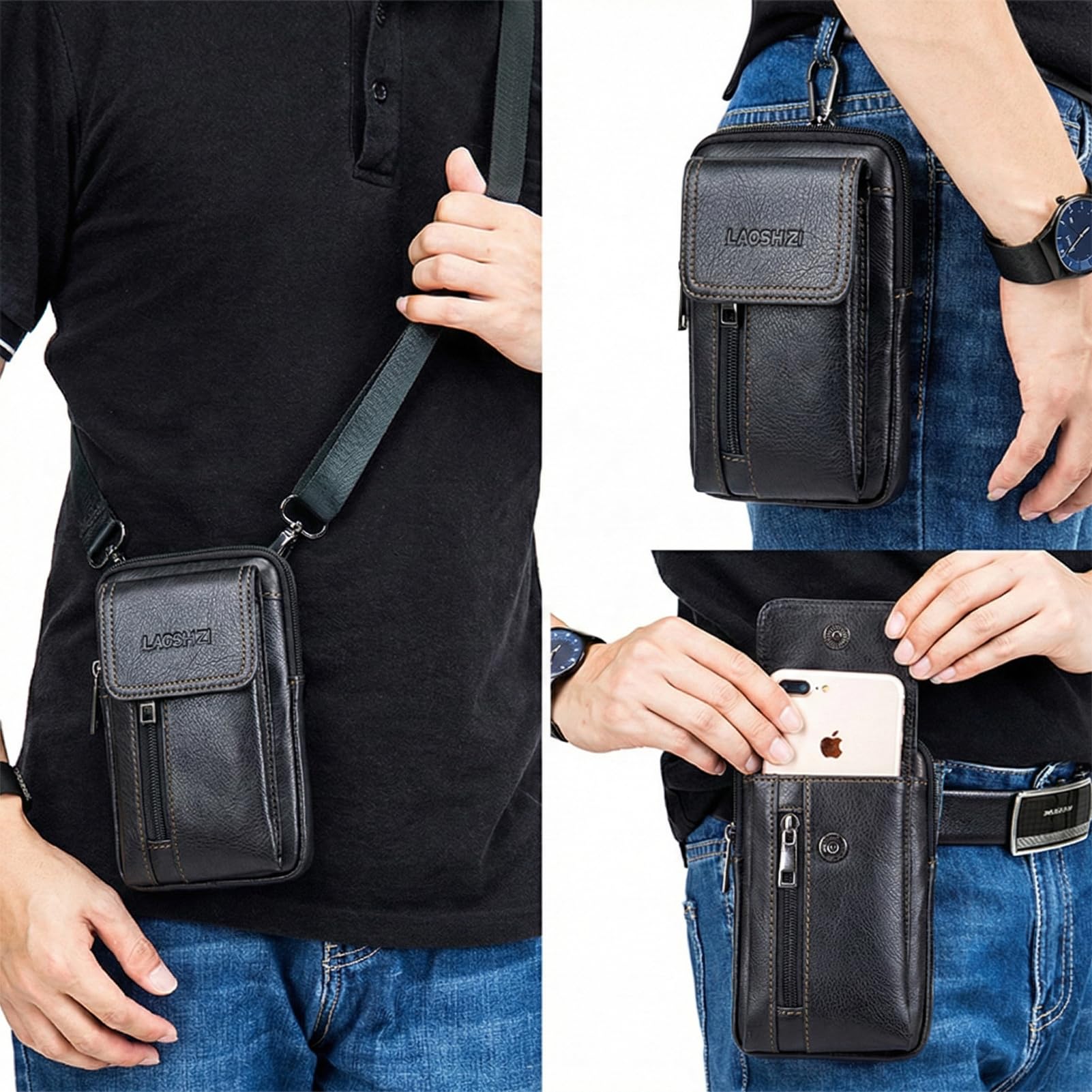 Pundarika Sacoche Homme en Cuir Bandoulière – Sac Banane 3-en-1 Ceinture & Épaule, Pochette Téléphone Portable, Petit Sac Bandoulière Vintage pour Homme, Voyage & Quotidien (Noir)