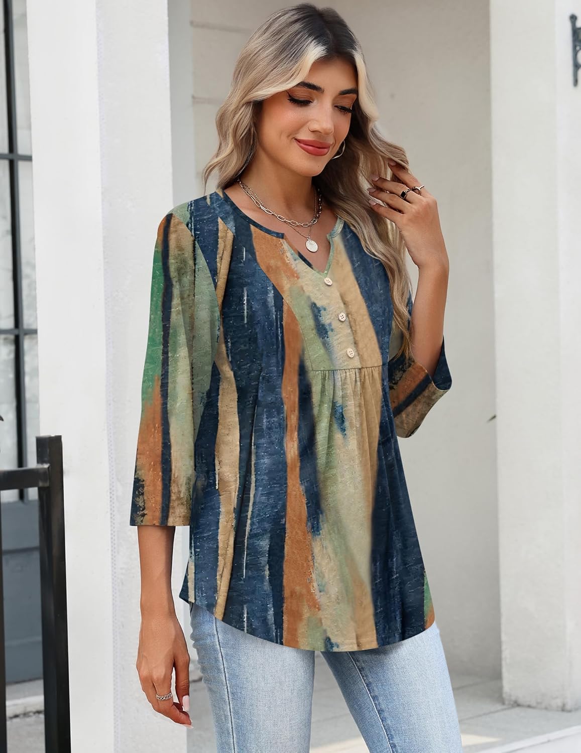 Zeagoo Womens 3/4 Length Sleeve Tops V Neck Dressy Casual T Shirts Pleated Business Work Blouses Basic Tees S-3XL - Image 2