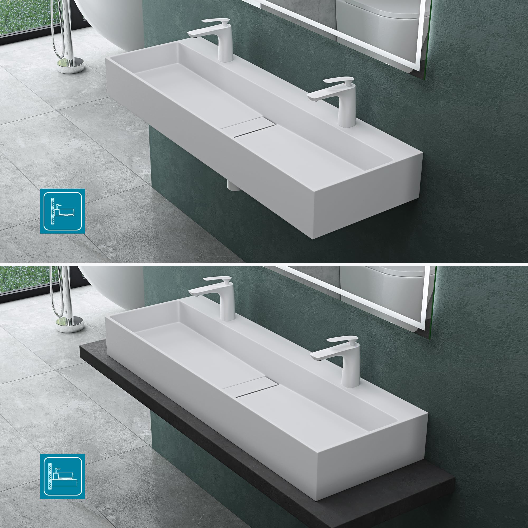 Mai & Mai Waschbecken Aufsatzwaschbecken Hängewaschbecken aus Mineralguss 120x40x12cm in matt Weiß mit 2 Armaturenlöcher Col6028