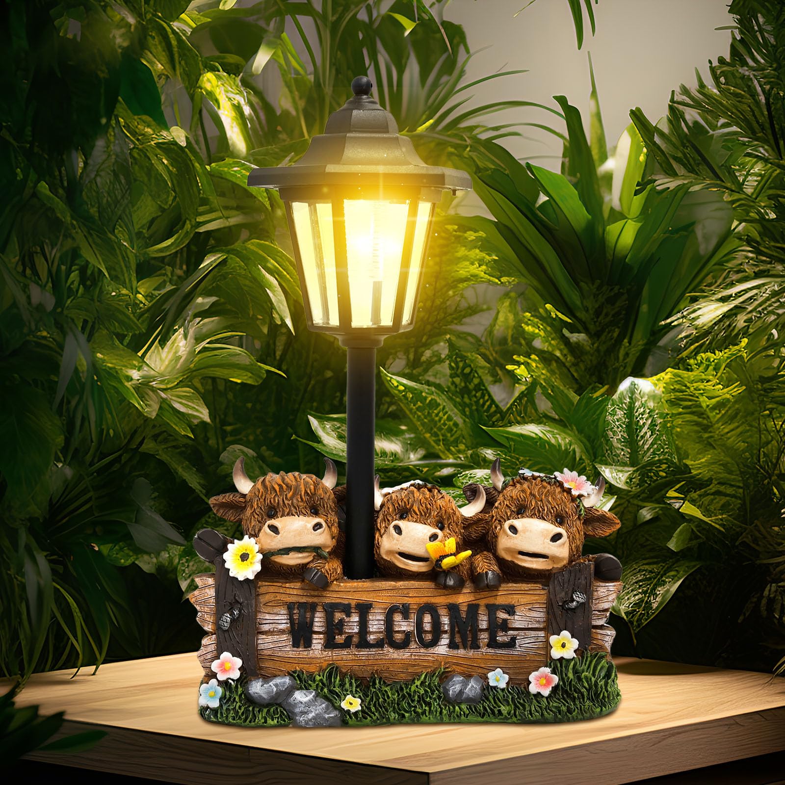 Ktcina Style1 Solar Highland Cow Garden Ornament With Flower Decoration, Funny Light Lantern Statue For Outdoor Yard, Patio, Lawn, And Pathway (Style1)