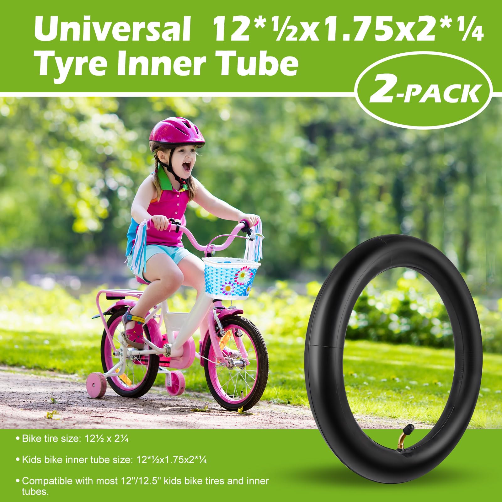 2 tubos interiores de 12½ x 2¼ (12.5 x 2.25) con válvula curva TR-87, compatible con la mayoría de bicicletas y cochecitos infantiles y más (12.5 x 1.75, 12.5 x 1.95, 12.5 x 2.125, 12.5 x 2.25)