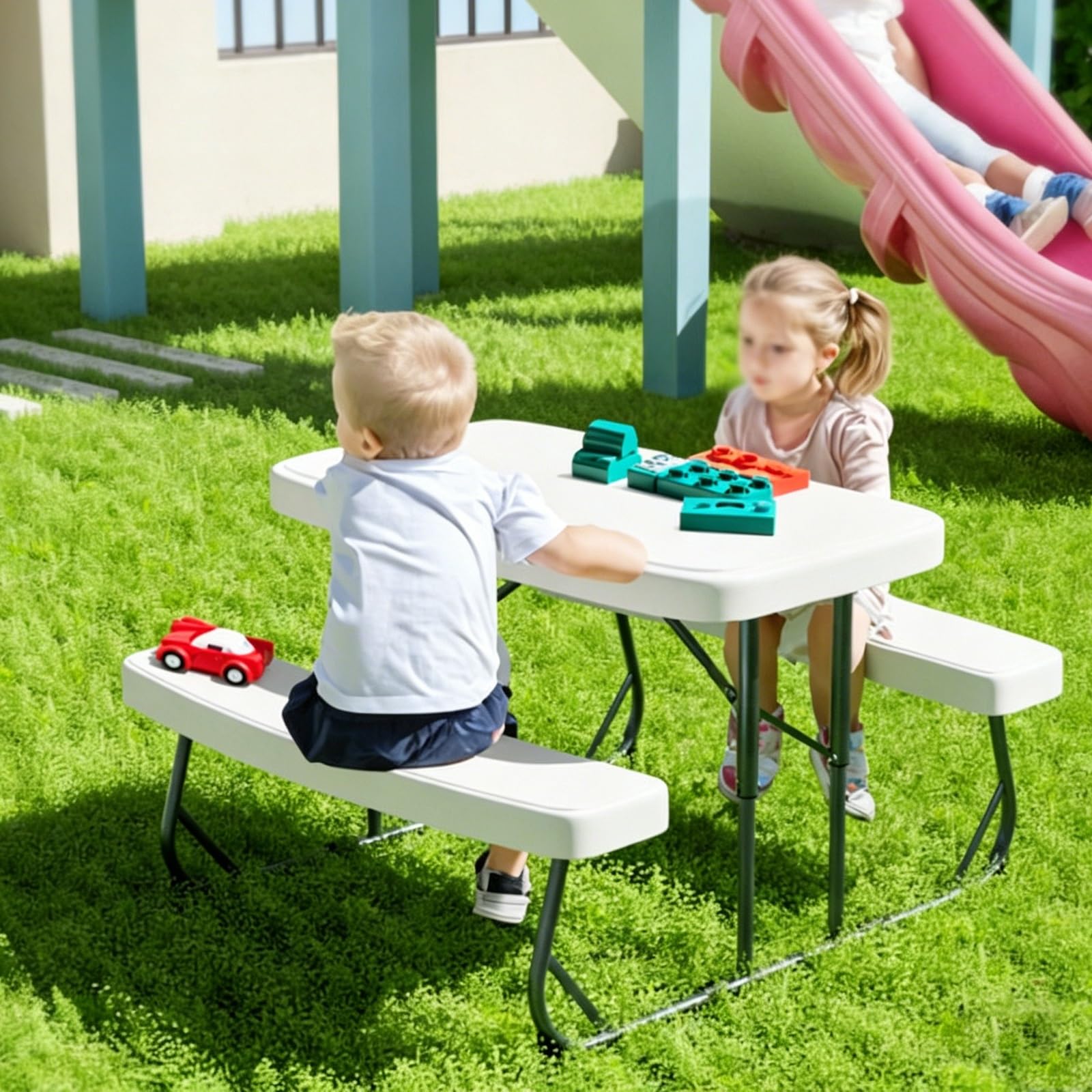 Tavolo da picnic per bambini con 2 panche, pieghevole in HDPE, resistente alle intemperie, per esterni, cortile, giardino, sala giochi, interni
