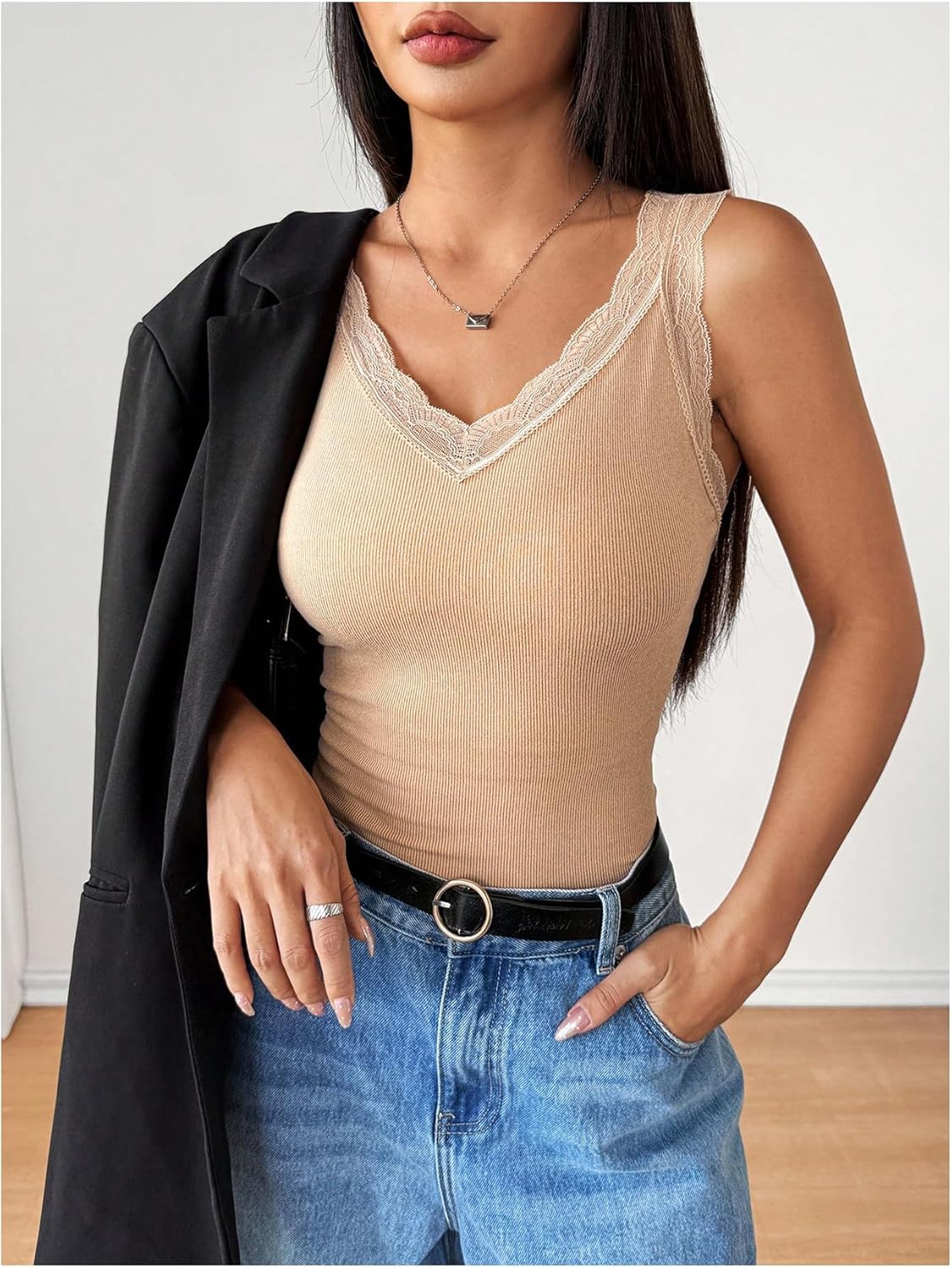 Verdusa Women's Lace Fleece Lined Tank Tops Sleeveless Ribbed Slim Fitted Tops - Image 5