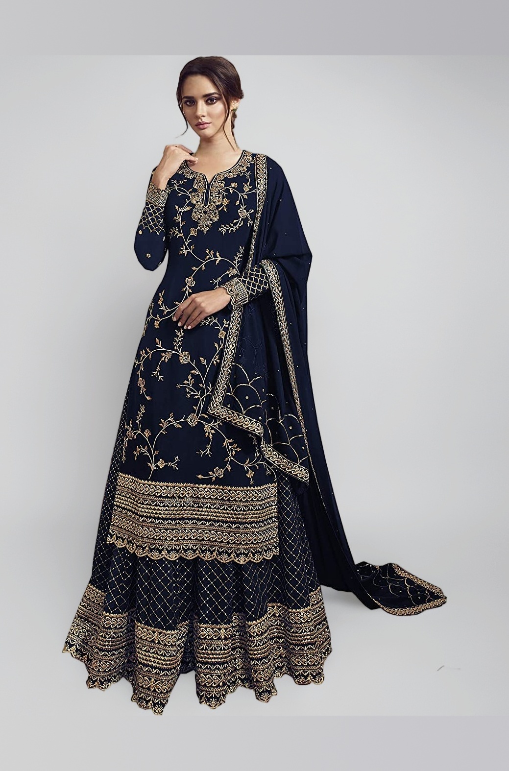 Miss Ethnik Women's Faux Georgette Semi-Stitched Top With Stitched Bottom and Dupatta Embroidered Straight Kurta Dress Material (Pakistani Salwar Suit)