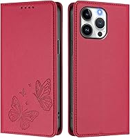 Vista 4 de Butterfly Embossed Leather Wallet Flip Case for Motorola Moto E22i 4G, Magnetic Closure, RFID Blocking Cover, Card Holder Red.