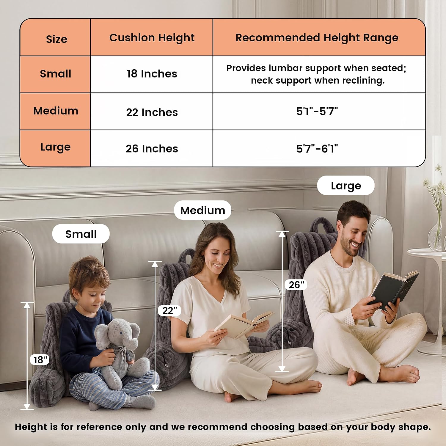 Amélie Home Heated Faux Fur Reading Pillow 3 Temperature Backrest for Sitting in Bed Support Cushion, USB-Powered(No Power Bank Included) Warming (113°F-131°F), 3H Auto Shutoff, Grey, 22 Inches