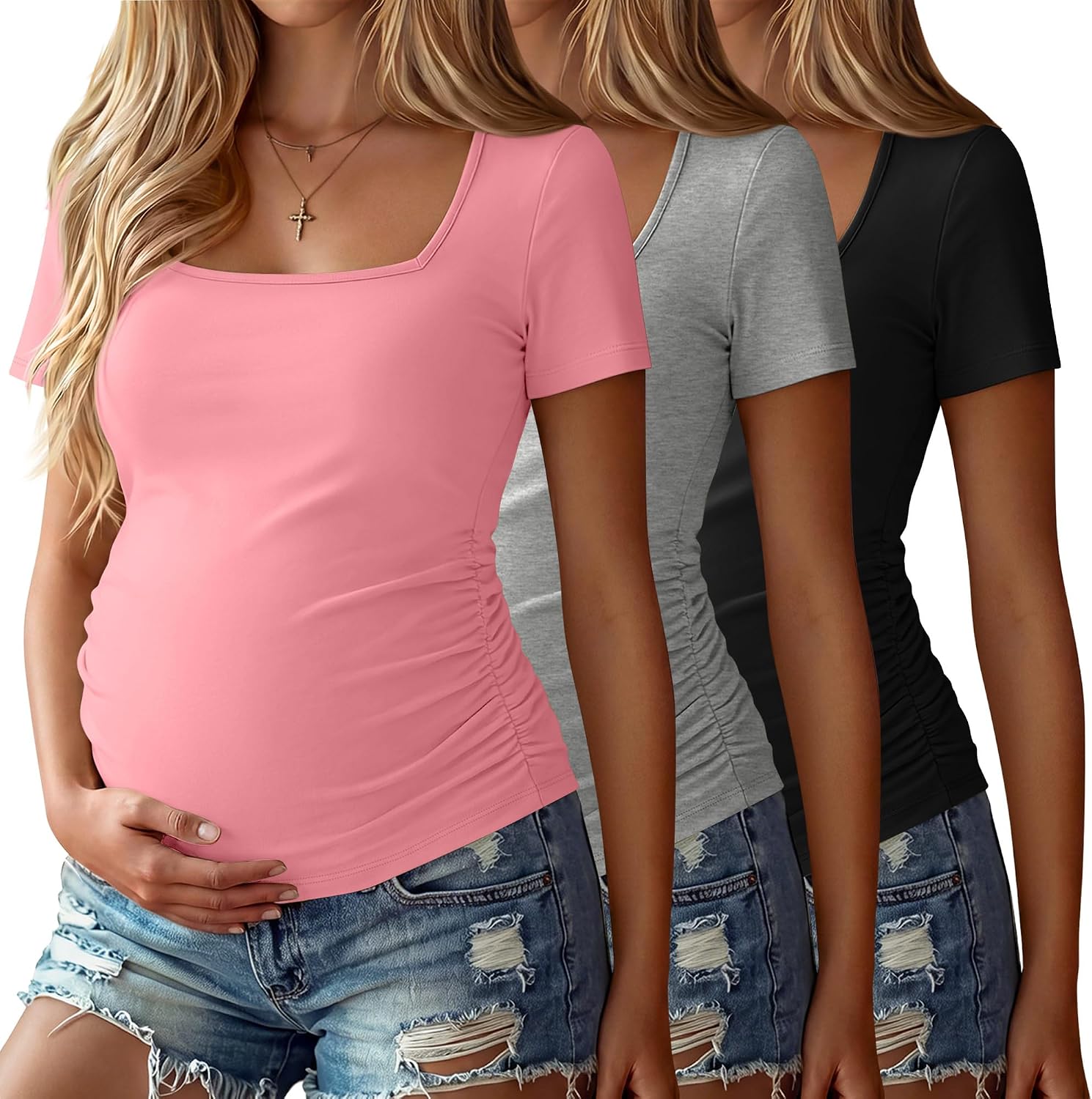 3 Pack Women's Maternity Shirts Square Neck Side Ruched Short Sleeve Maternity Tops Casual Knitted Pregnancy Tees