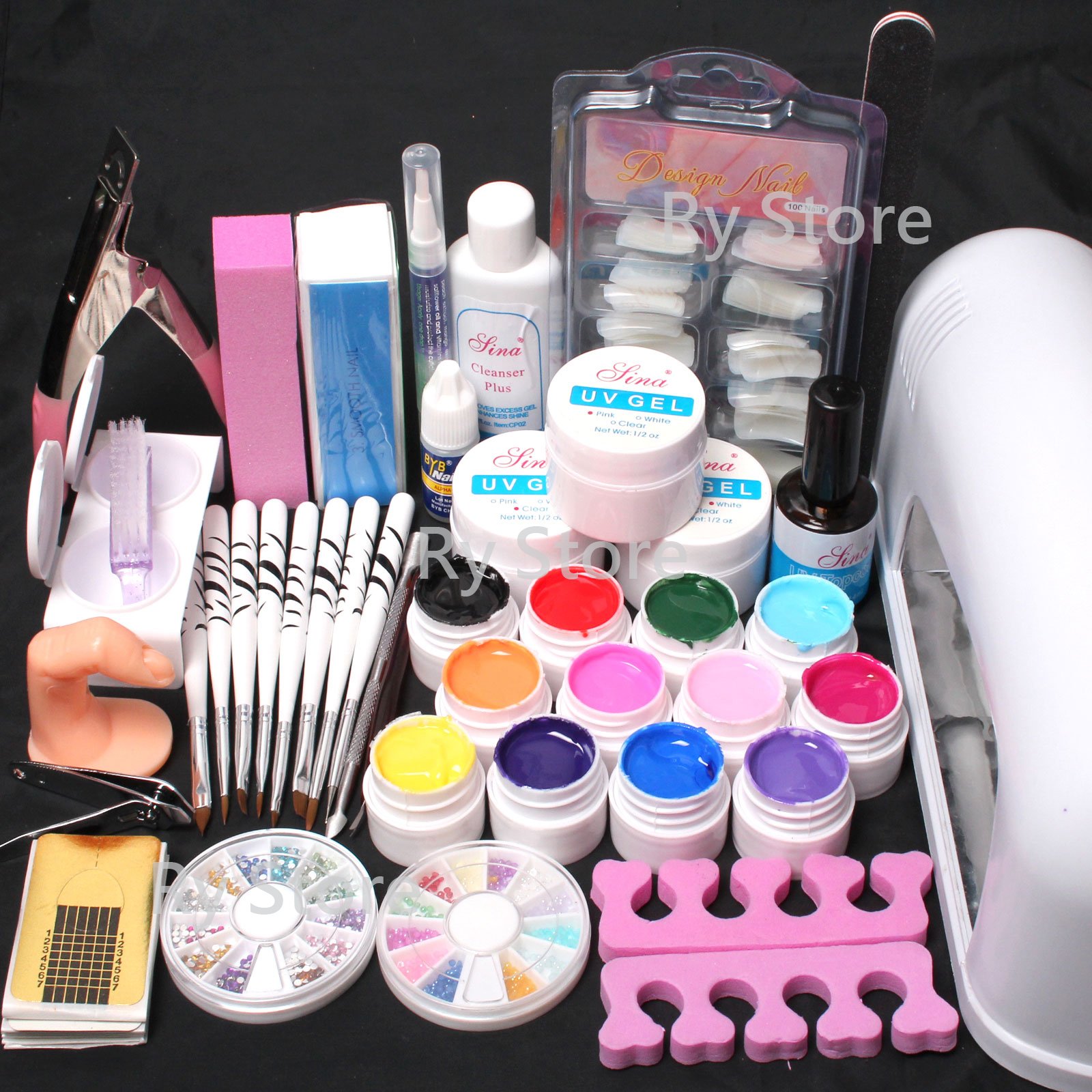 25 in 1 Combo Set Professional 9W Lamp Dryer Color UV Builder Gel DIY Nail Art Decorations Kit Brush Cuticle Oil Pen Tools White Nail Tips Rhinestones Cutter Sanding Files Forms Glue UV LED Gels Set