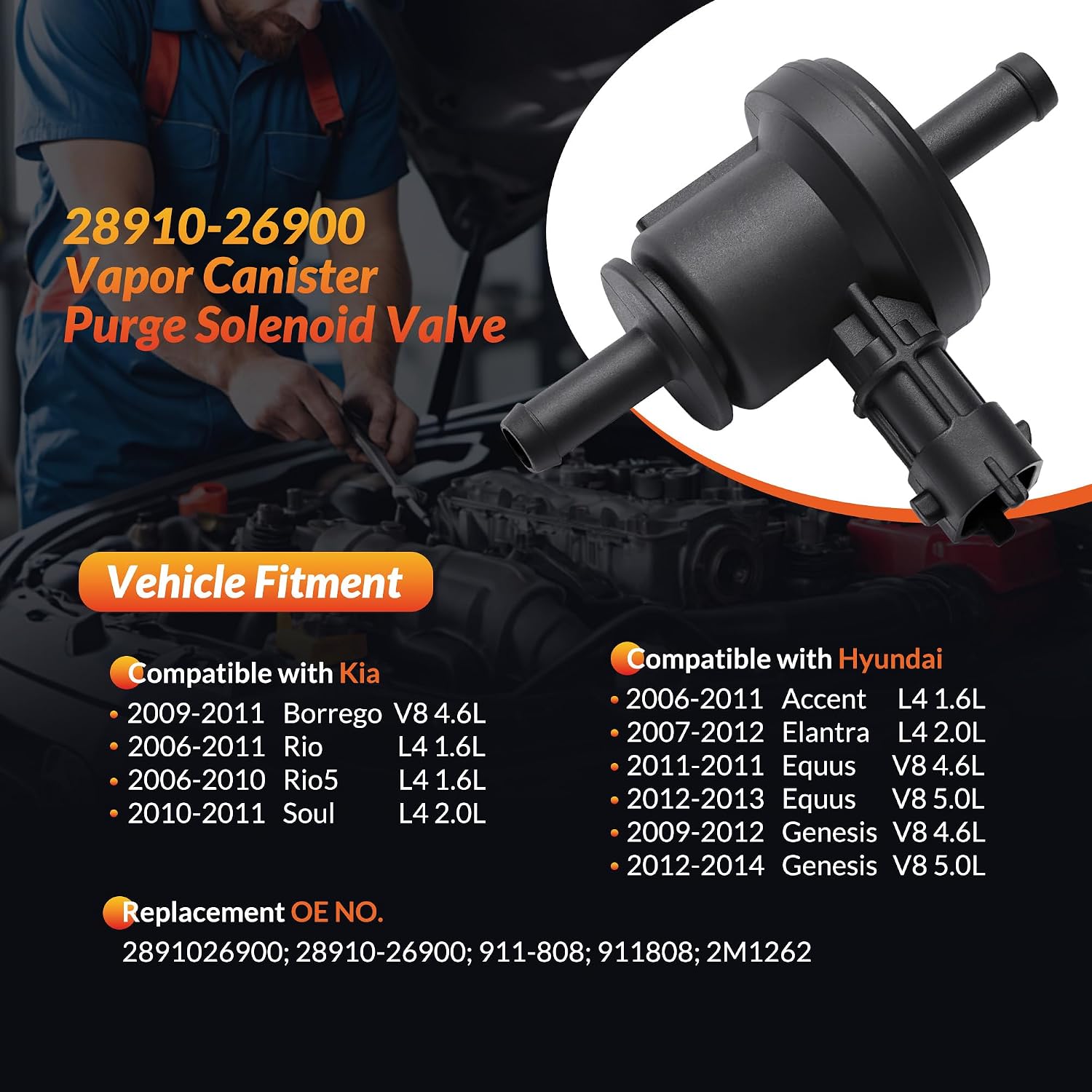 28910-26900 911-808 EVAP Purge Valve Solenoid Compatible with Hyundai Accent 2006-2011, Elantra 2007-2012, Equus 2011-2013, Genesis & Kia Soul 2010-2011, Rio 2006-2011, Rio5