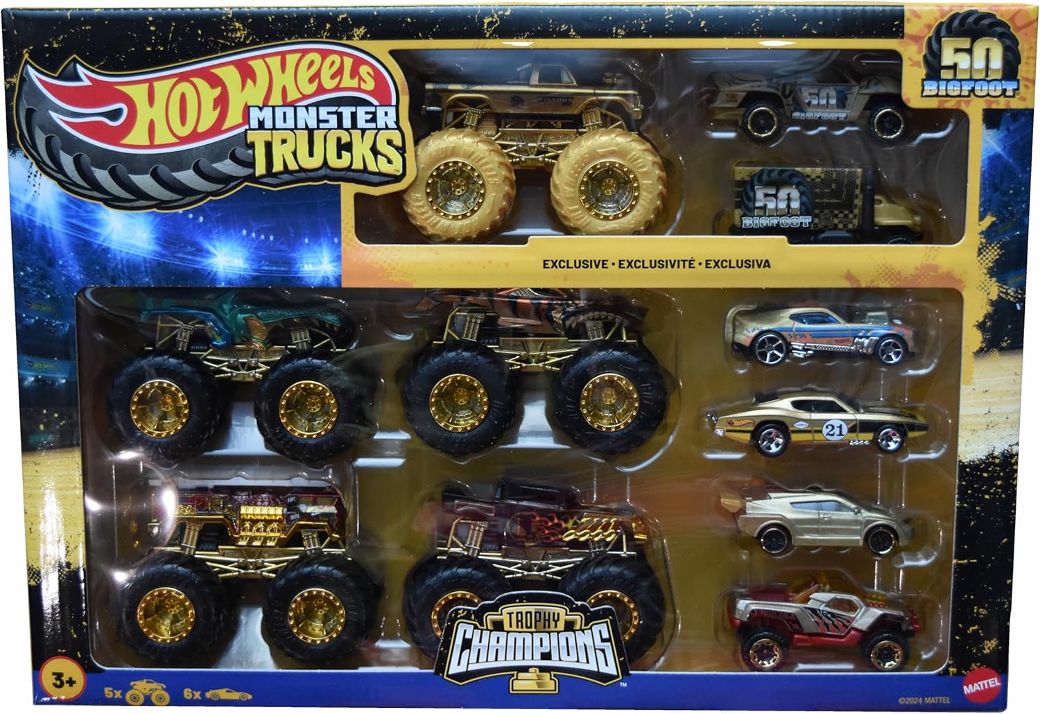 Hot Wheels Monster Trucks Trophy Champions Bigfoot Exclusive Gold Set 50th Anniversary