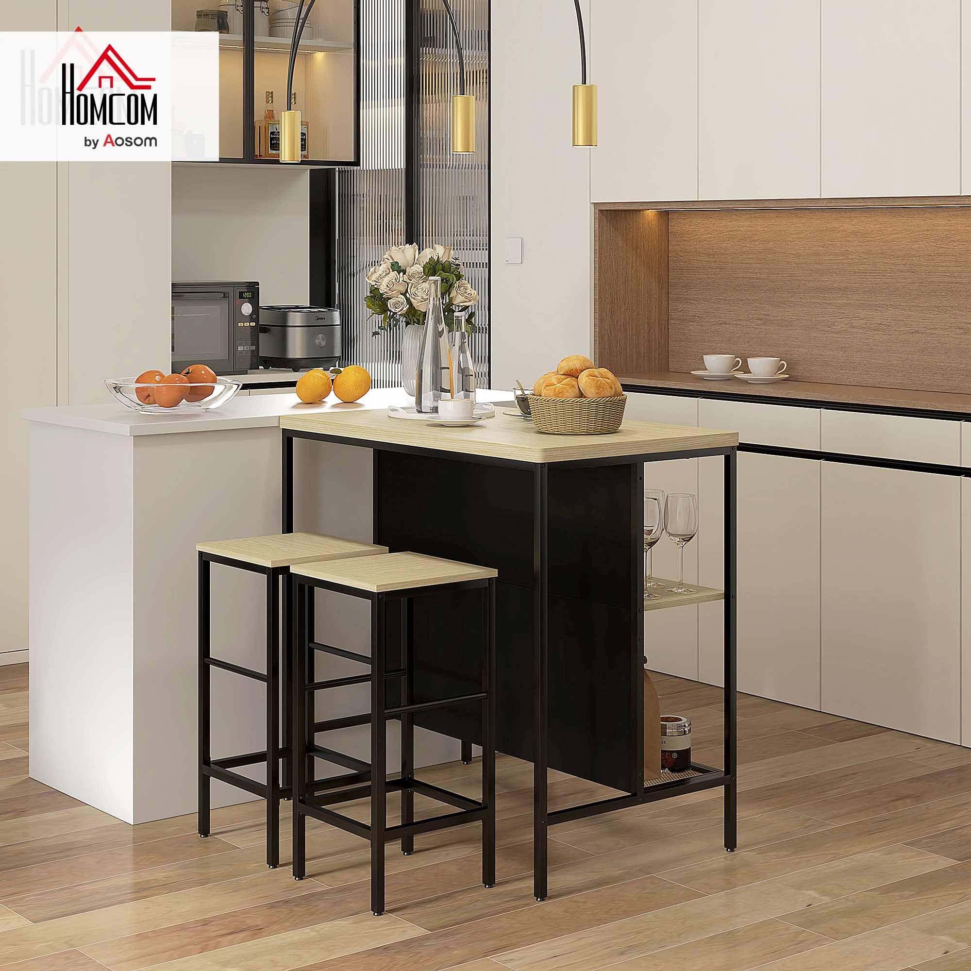 HOMCOM Bartisch mit Barhocker Set 3-TLG. mit 2 Hockern für Küche Eiche
