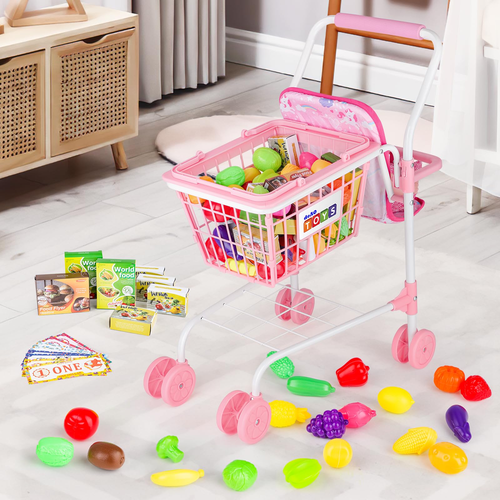 deAO Chariot de Courses pour Enfants 3 Ans+, Caddie Jouet avec Siège pour Poupée, 31 Aliments Jouets Billets Argent, Sac à Provisions, Jeu de Rôle Magasin, Cadeau Enfant Rose