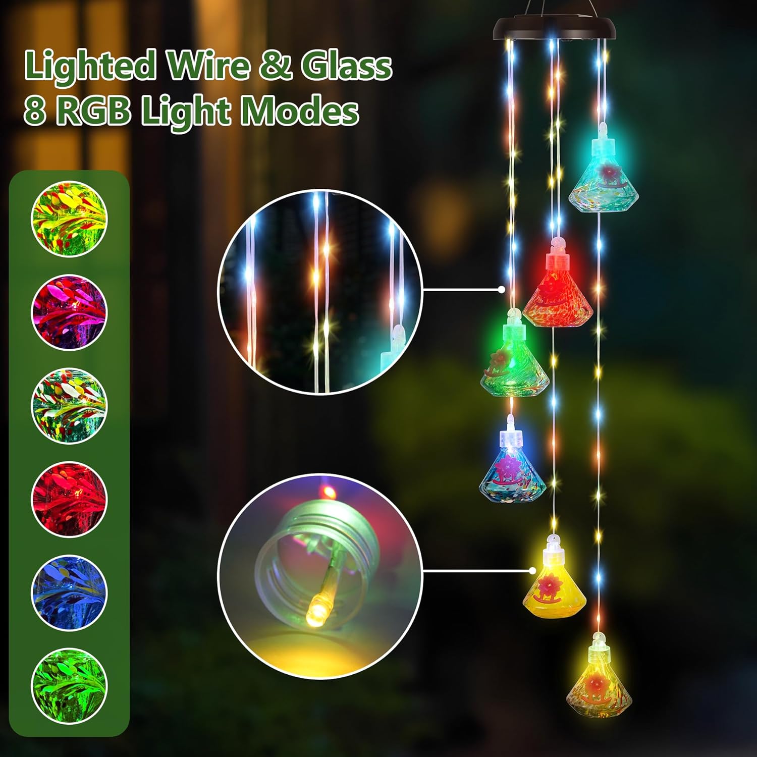 LUJII Solar-Powered Wind Chimes Hummingbird Feeders for Outdoor Use, Featuring LED-Lit Wires, 6 Handcrafted Glass Reservoirs, RGB Lighting, Diamond-Shaped