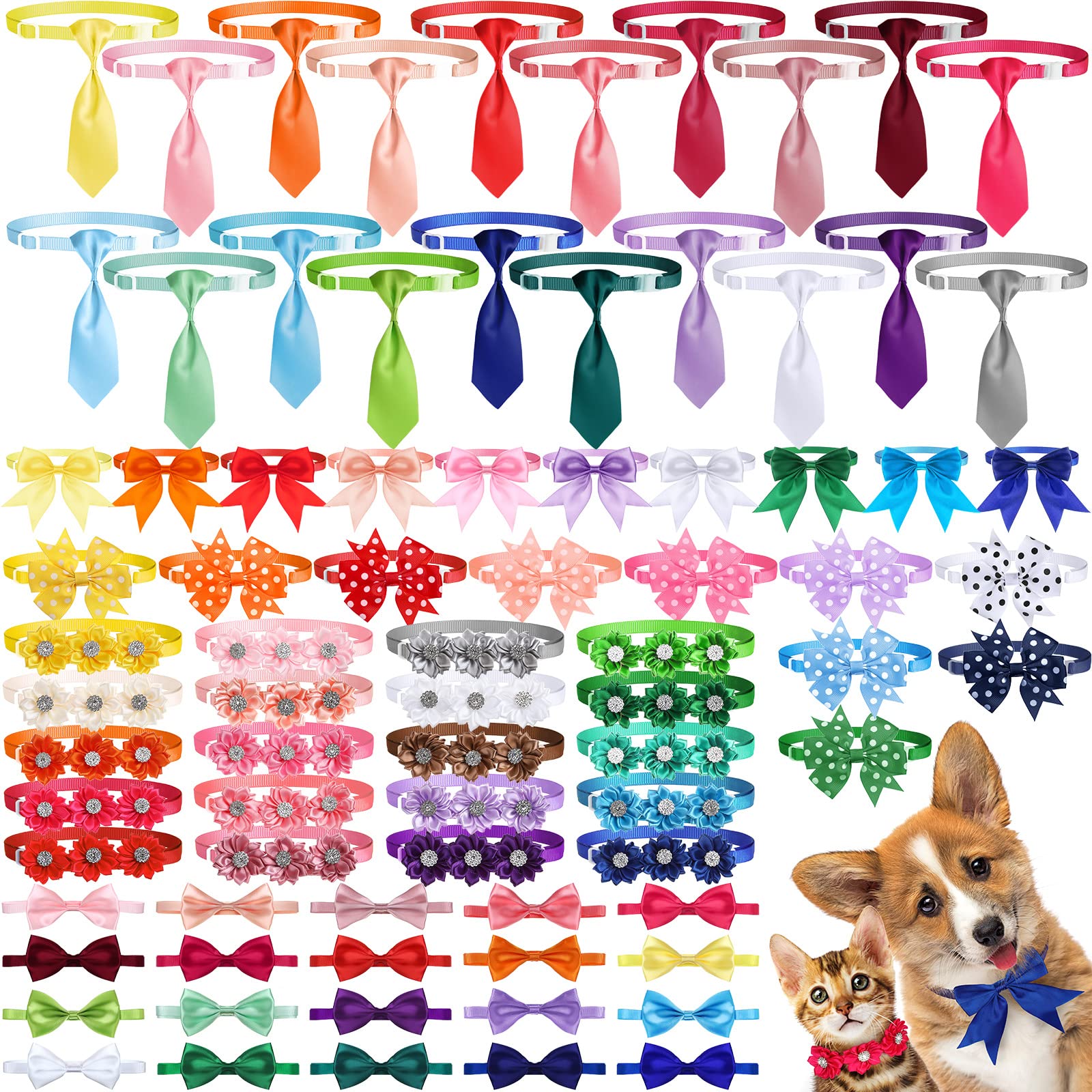 80 Pieces Dog Bow Tie Adjustable Grooming Neck Ties Bowtie Assorted Cat Dog Wedding Collar Colorful Dog Collar Summer Puppy Collar with Flower for Small Medium Large Dogs Cats Grooming Accessories