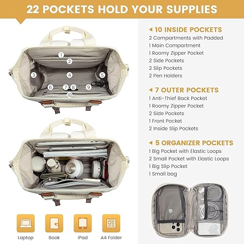 Miniatura 3 de LOVEVOOK Mochila para computadora portátil para mujer, mochila para profesores, enfermeras, trabajo, viajes, mochila para computadora, Beige,