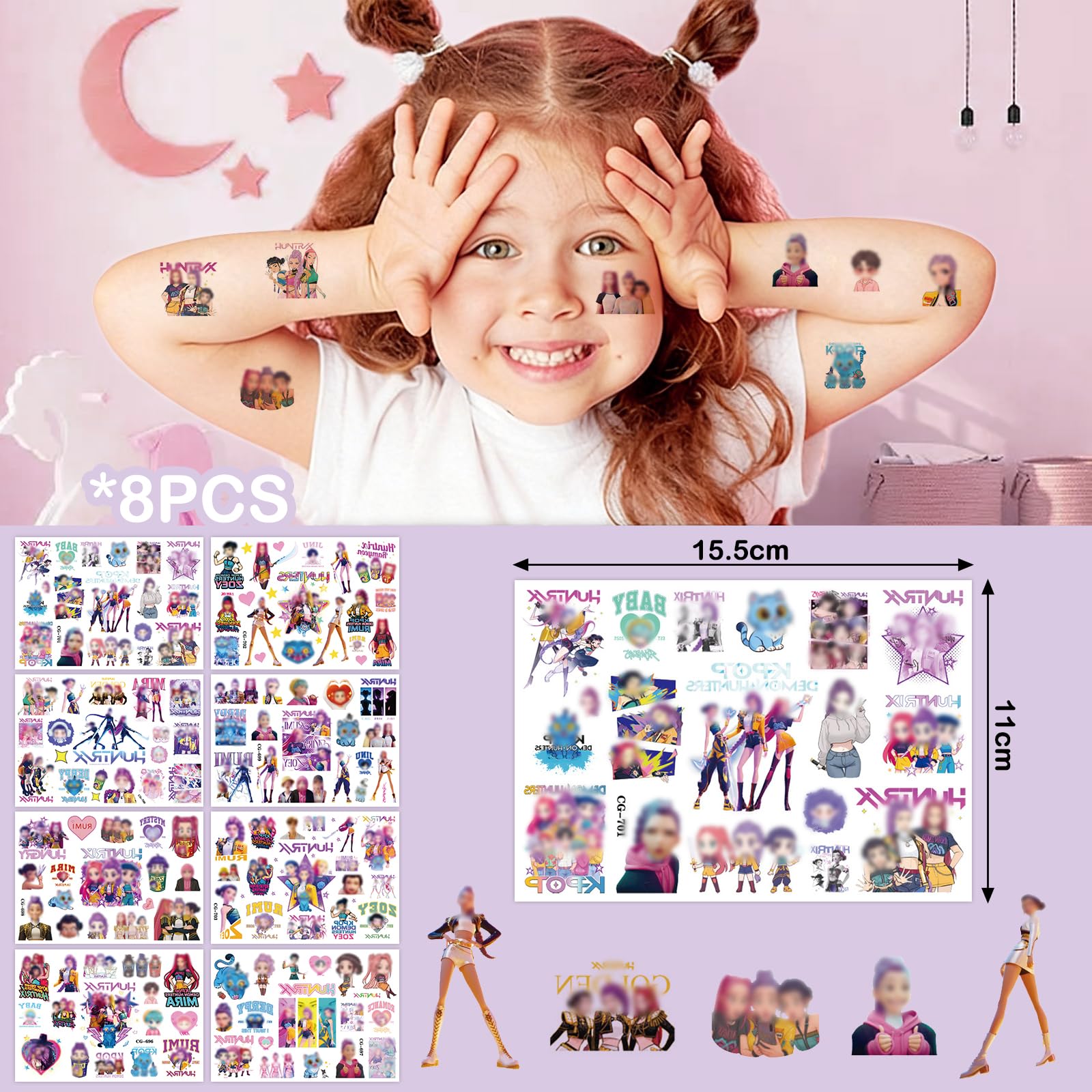 8 Pezzi Huntrs Tatuaggi per Bambini, Tatuaggi Temporanei Bambini Bambina, Huntrs Tatuagg Impermeabili, Adesivi Finti Tatuagg per Festa Compleanno Ragazze Ragazzi - 2