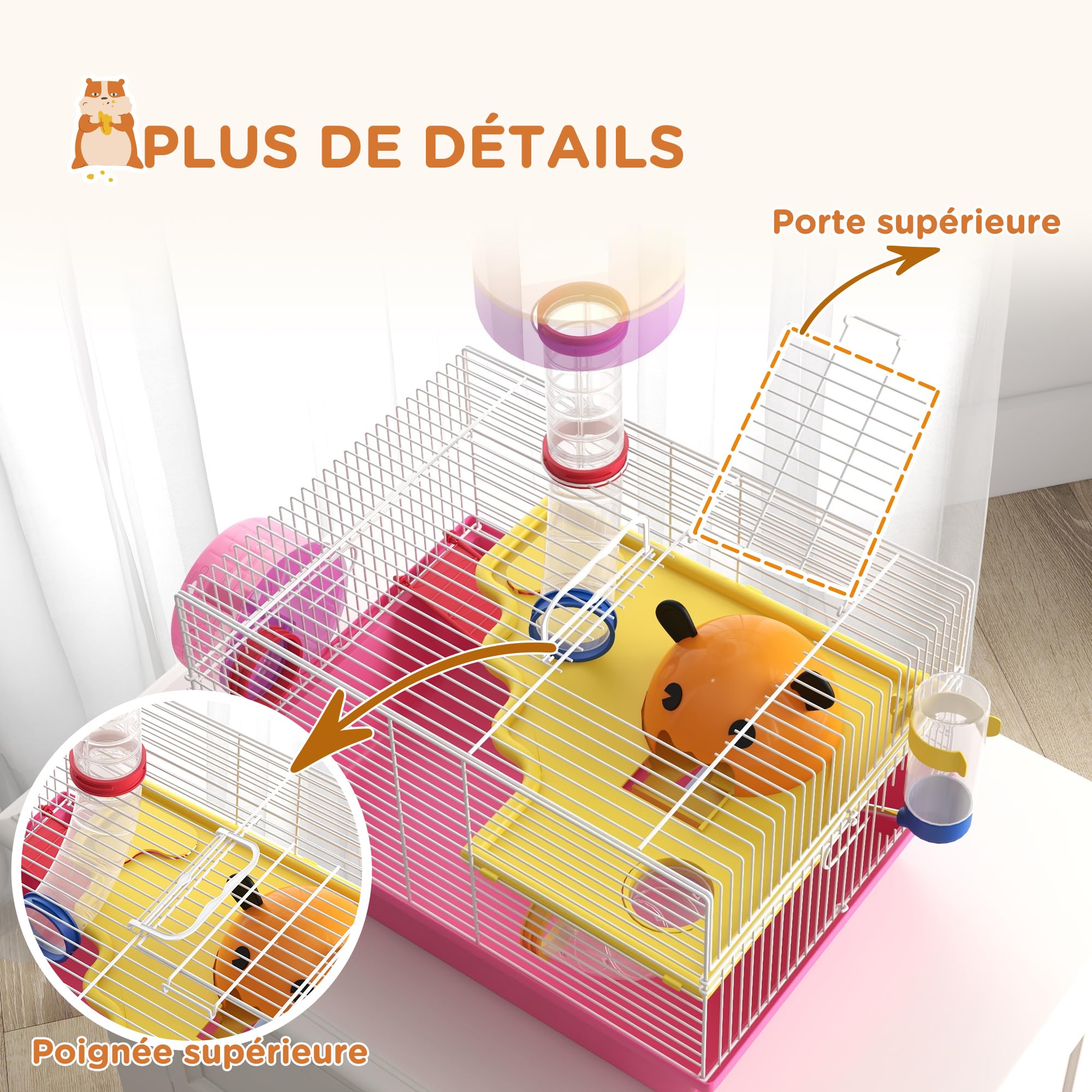 PawHut Cage à Hamster Rat Rongeur avec Plateforme, biberon Eau, Roue, maisonnette, 34 x 27 x 25 cm, Rose | Biberon Eau, Roue, Maisonnette