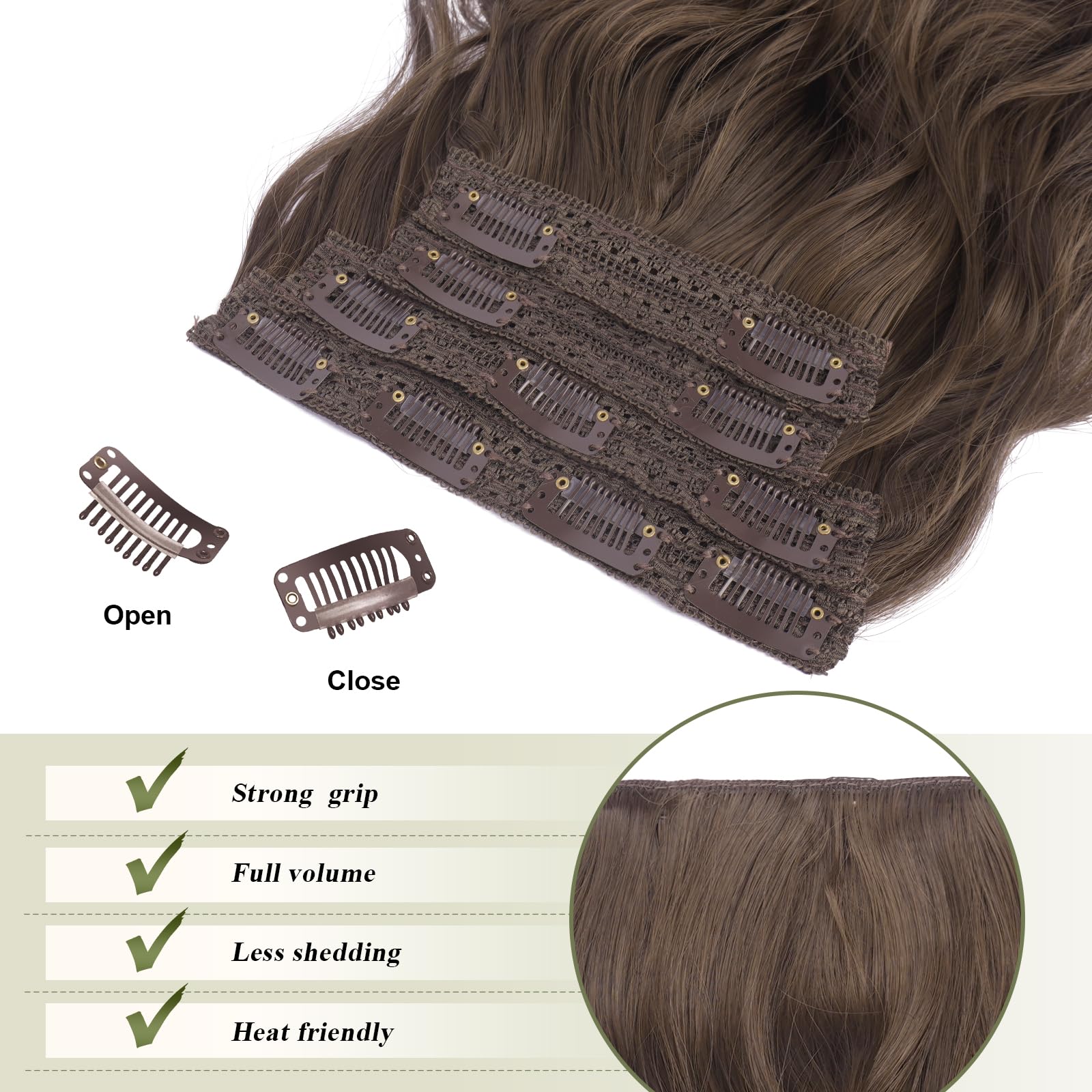 FESHFEN Clip in Hair Extensions 4PCs Long Wavy Thick Hair Piece Highlighted Full Head Synthetic Natural Curly Chestnut Brown Extension for Women 16 Inch - Image 4