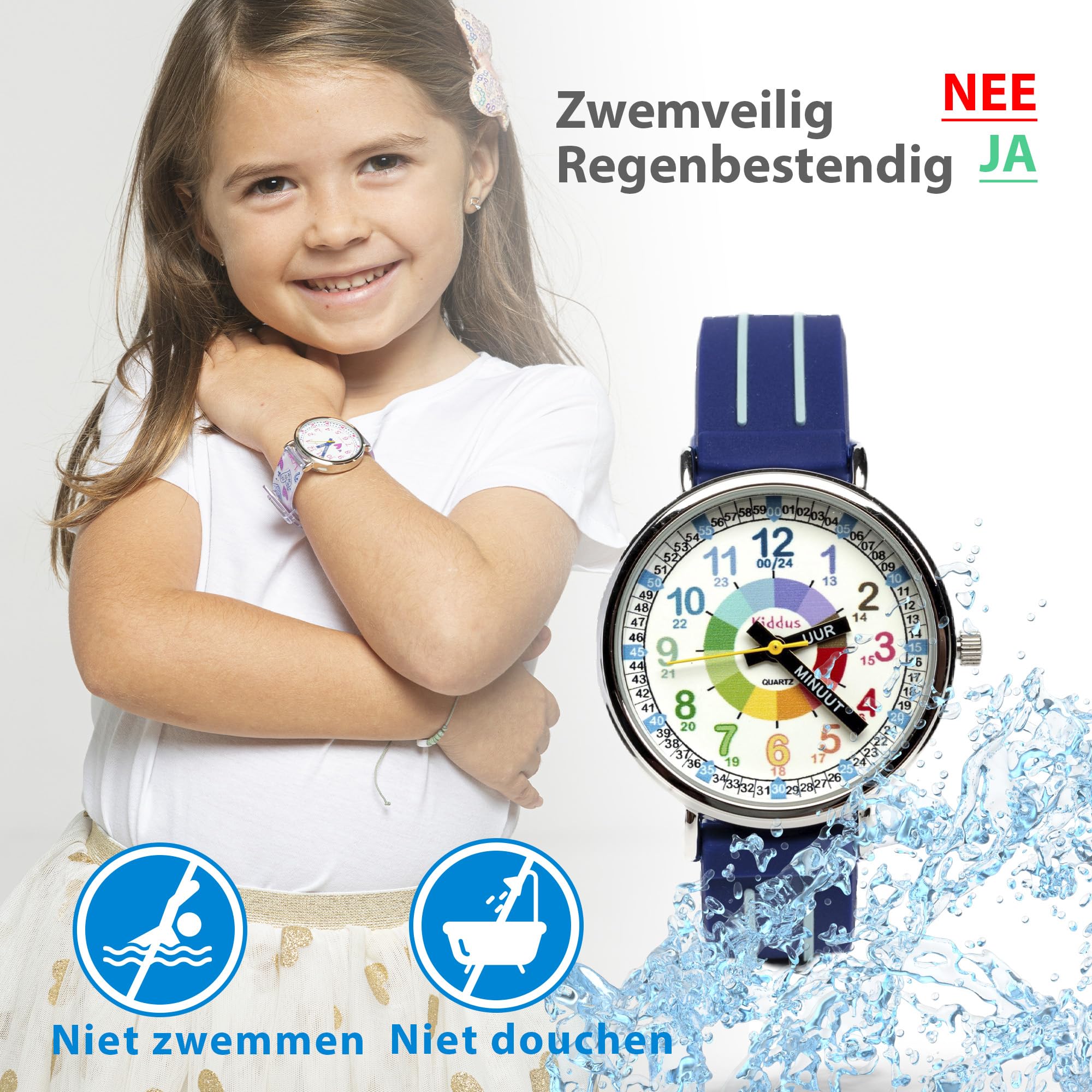 Kiddus Orologio Educativo per Bambini, Ragazze. Da Polso, Analogico. Con Esercizi per Imparare a Leggere l’Ora. Facilità di Lettura. Movimento al Quarzo Giapponese. Olandese Blu