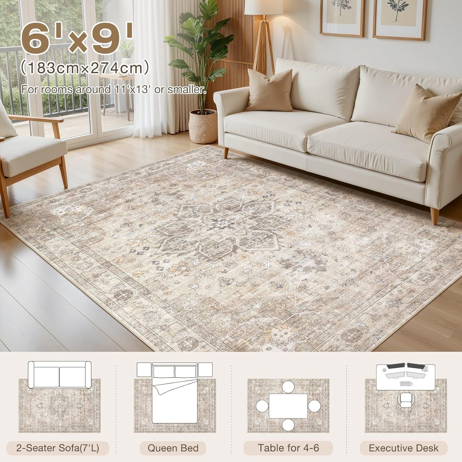 Area Rug for Living Room - 6X9 Soft Washable Vintage Floral Distressed Large Carpet - Fade Stain Resistant Non Slip Rugs for Bedroom Dining Room Nursery Dorm Office Home Decor - Camel