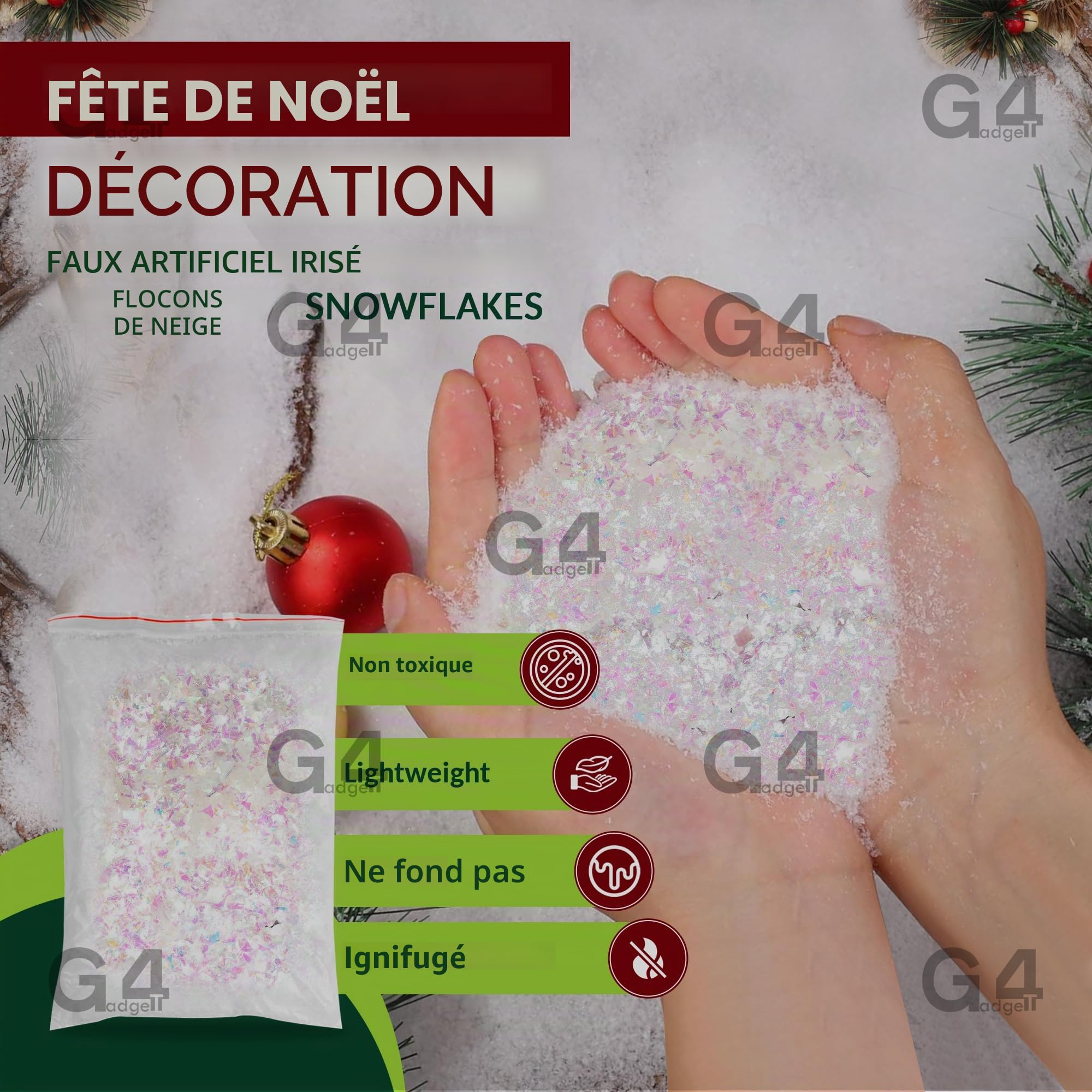 G4GADGET Flocons de Neige artificiels irisés pour décoration de fête de Noël (200 g)