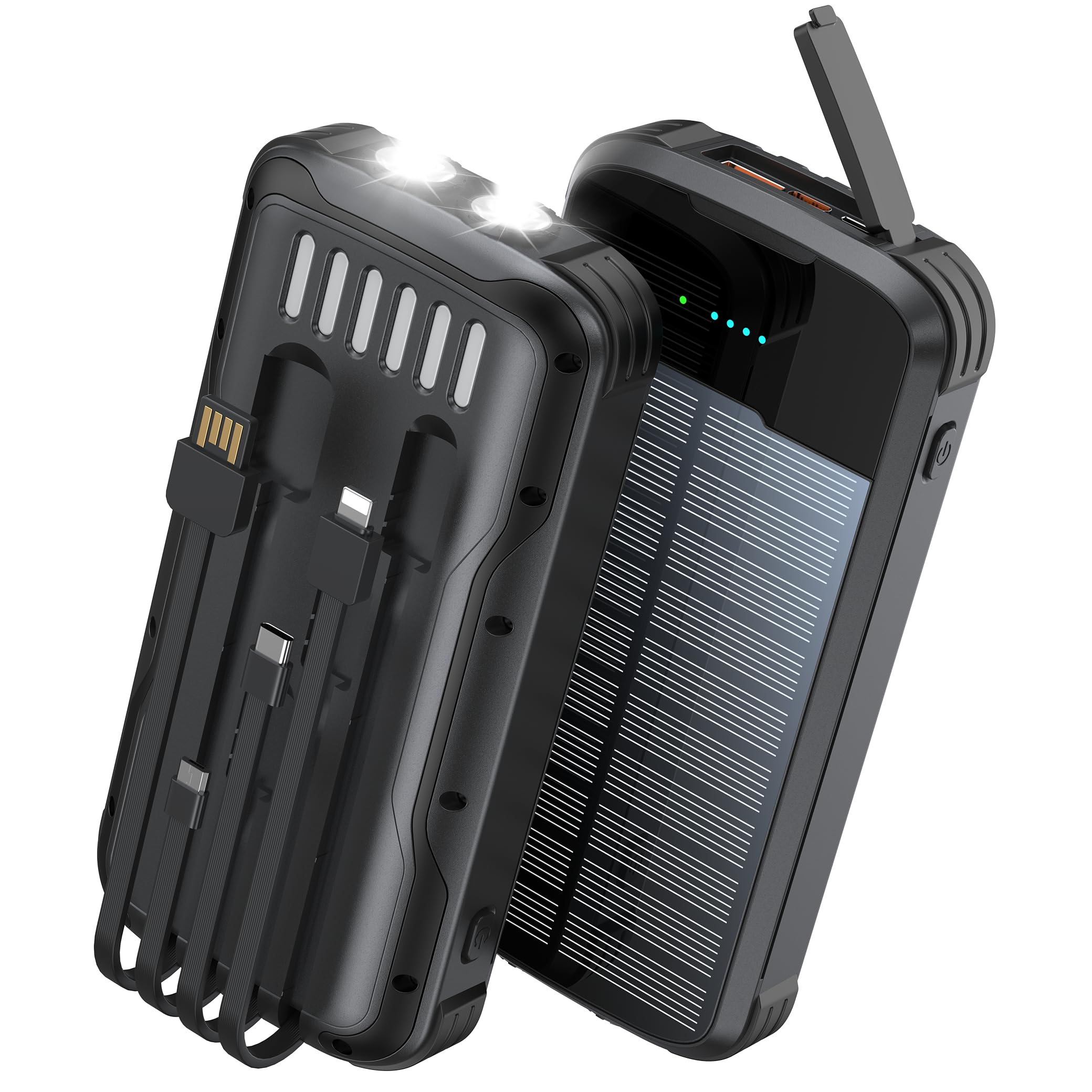 SOXONO Solar Charger Power Bank, PD 20W Fast Charging External Batter, 40000mAh Portable Phone Charger Built in 4 Cables with Dual Bright Flashlights
