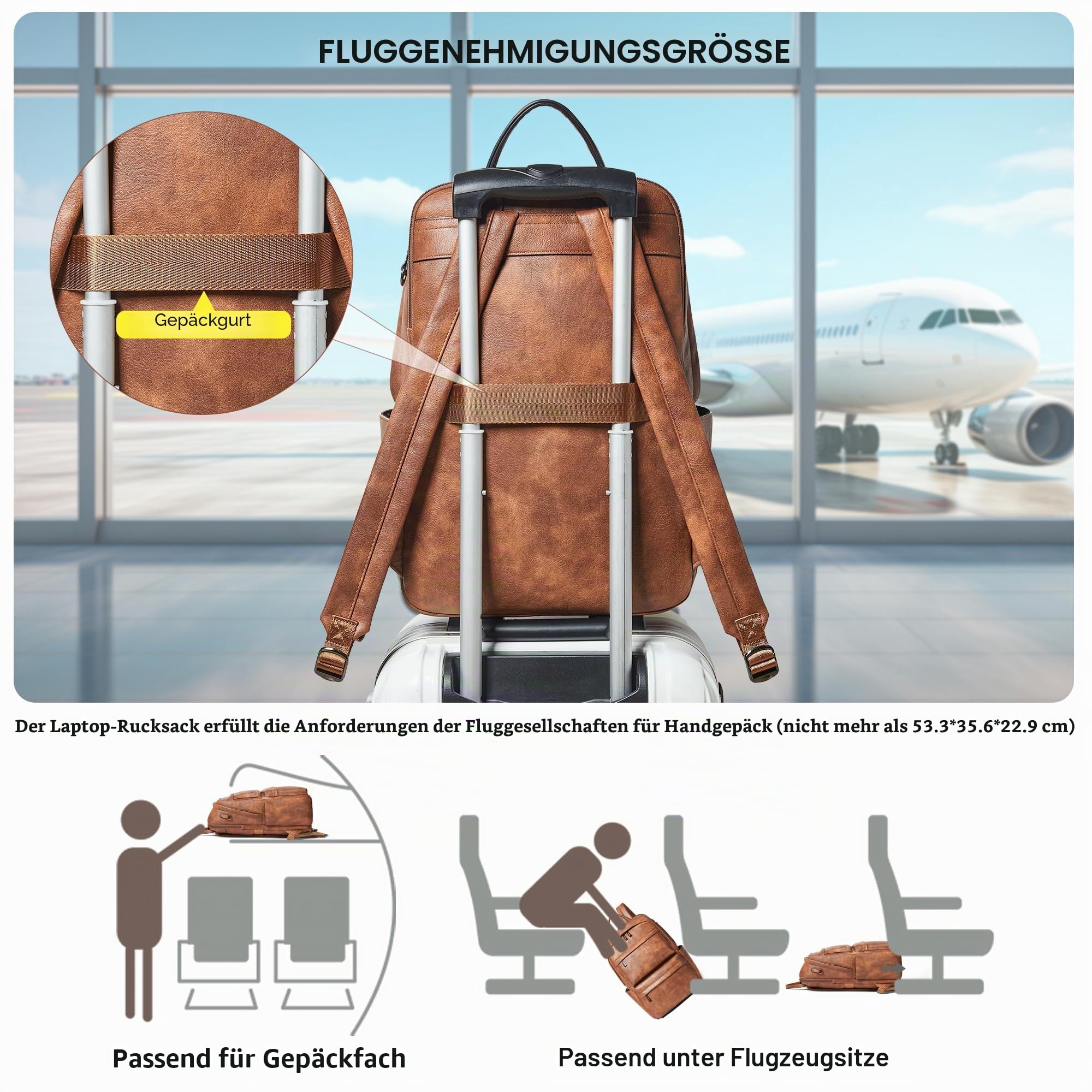 Veganer Lederrucksack für Damen und Herren, geeignet für 16,0 Zoll Laptop, mit vielen Fächern, Flaschenhalter und Koffergurt, Ideal für Arbeit, Reise und Alltag, Braun Laptop Rucksack