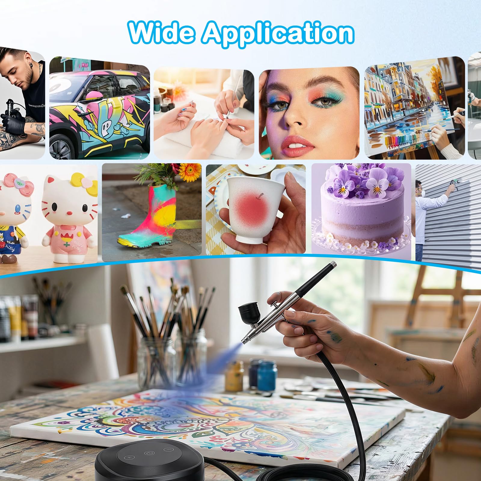 Airbrush Set mit Kompressor, Dual-Action Airbrushpistole mit 3 Druckstufen (25/38/48 PSI), Tragbares Airbrush Kit für Modellbau, Nailart, Make-up, Kuchendekoration & DIY-Projekte