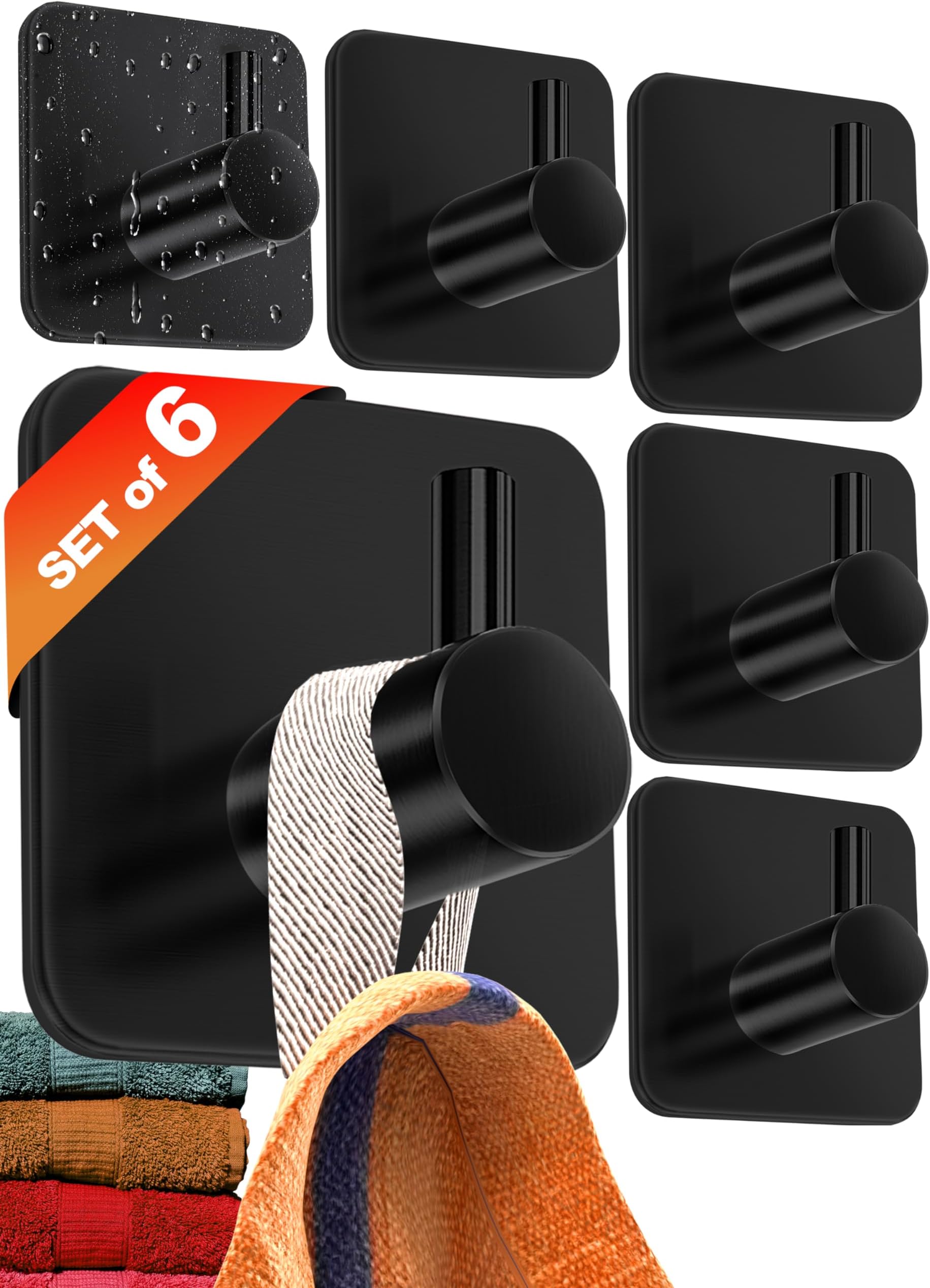 4smile Self Adhesive Hooks - Set of 6, Black - Waterproof Sticky Hooks for Hanging Towels - Stick on for Heavy Duty Waterproof, Bathroom Towel Rail, Tea Towel Holder
