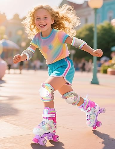 Miniatura 8 de SULIFEEL - Patines ajustables de estilo tie-dye arcoíris para niñas y niños de 3 a 5 años, 5 a 8 años, 6 a 12 años, rosa y morado, con luces, con