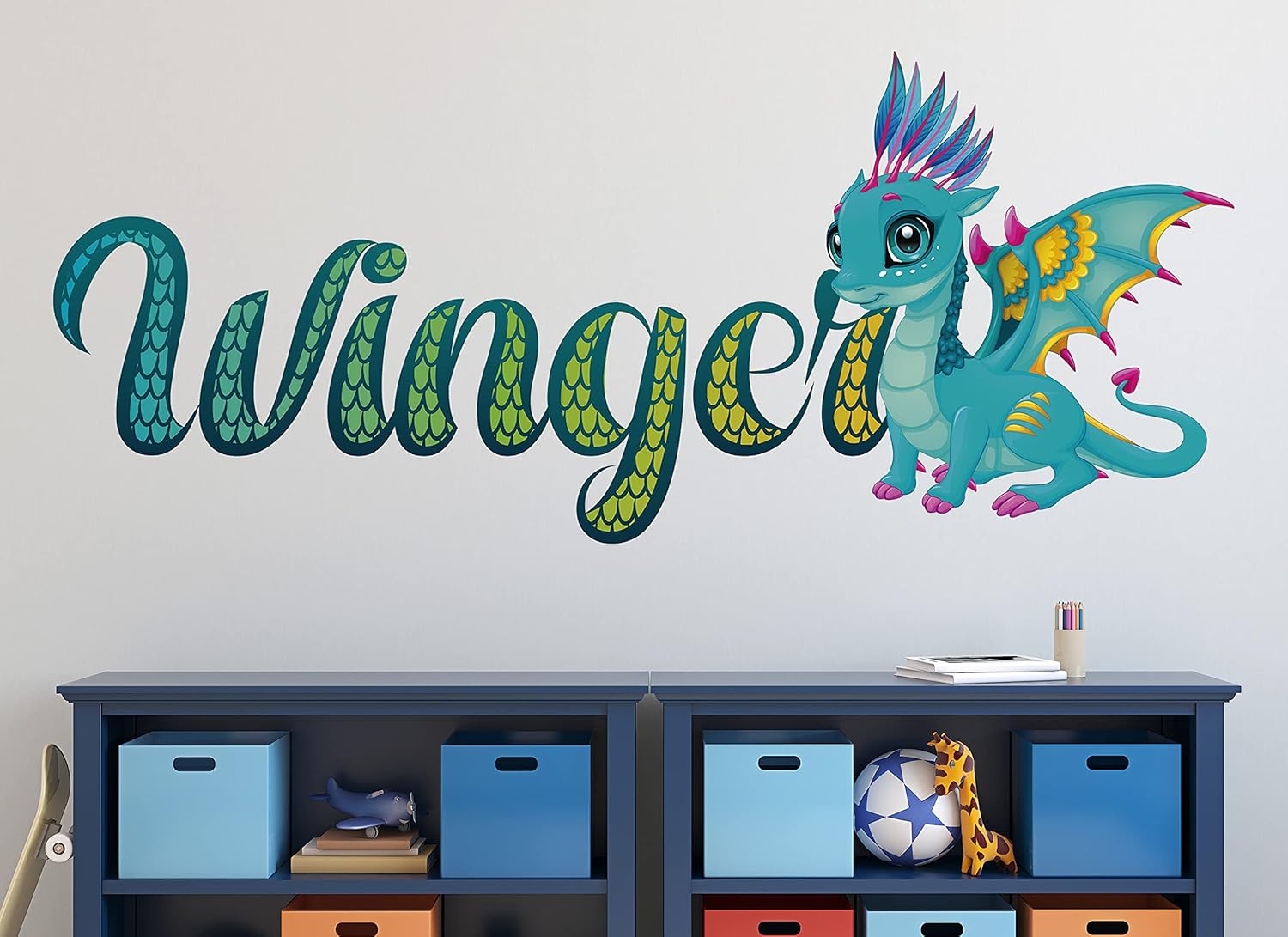 Cute Dragon Wall Decal, Custom Name, Crew Dragon Nursery Wall Sticker, 3D Print, Wallpaper, Baby Home Decor Bedroom, Wall Art Smash KA518 (Medium 38 W x 14 H I),Green