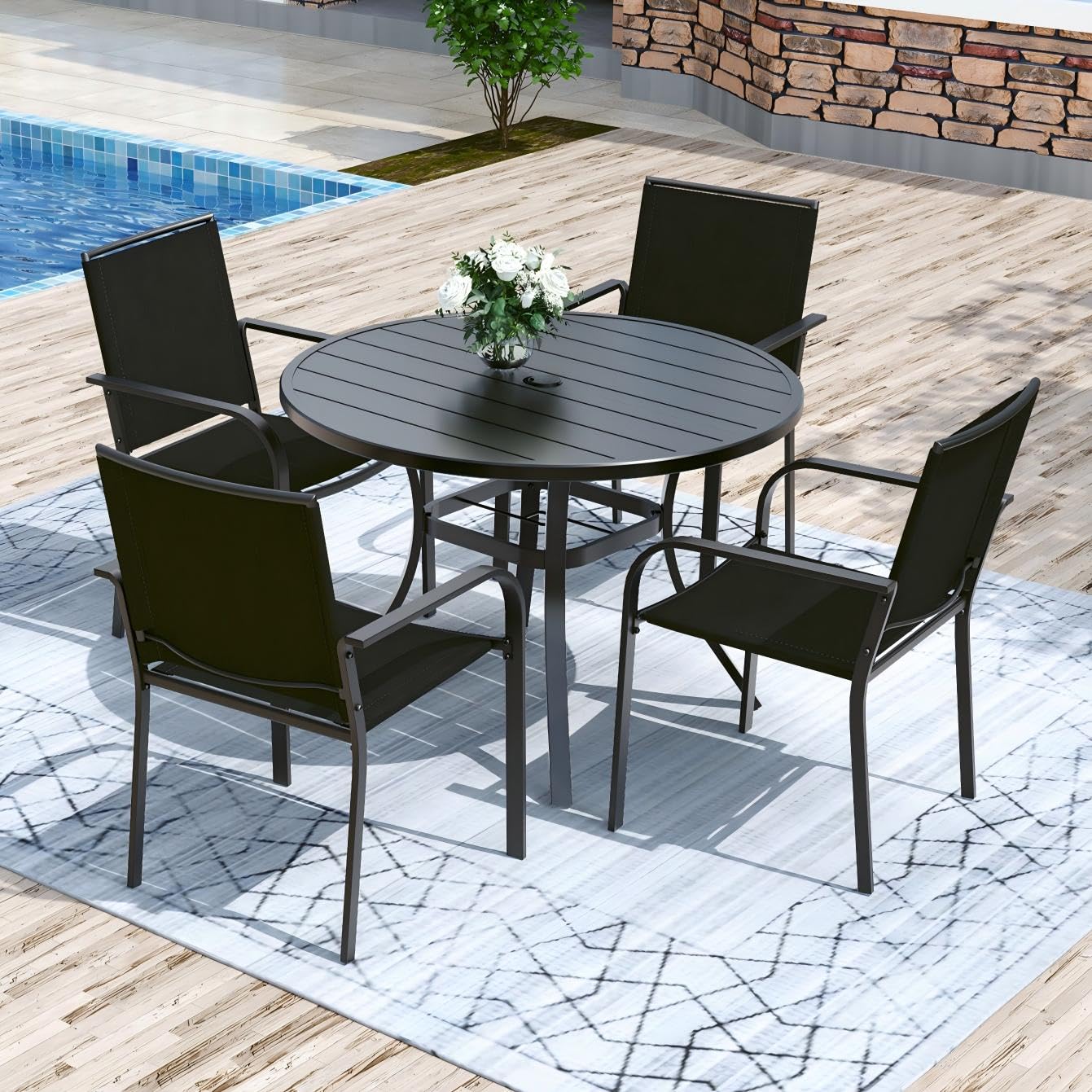 Anmutig 5 Piece Patio Dining Set 41 Inch Round Table Stackable Chairs Black