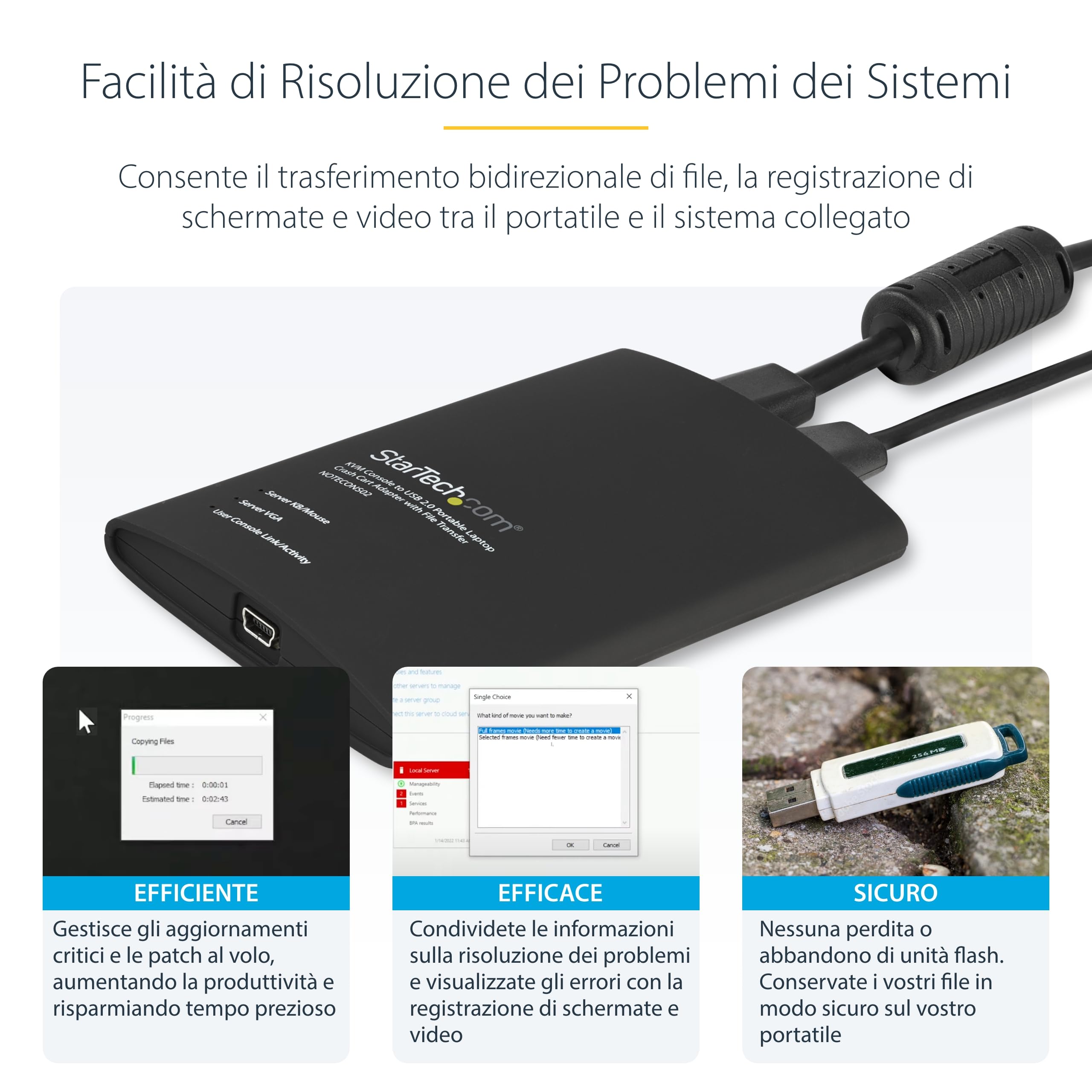 StarTech Adattatore Crash Cart Portatile, Console KVM USB/VGA (NOTECONS02) | Trasferimento file integrato, Ideale per laptop, Console portatile USB 2.0, Accesso diretto ai server