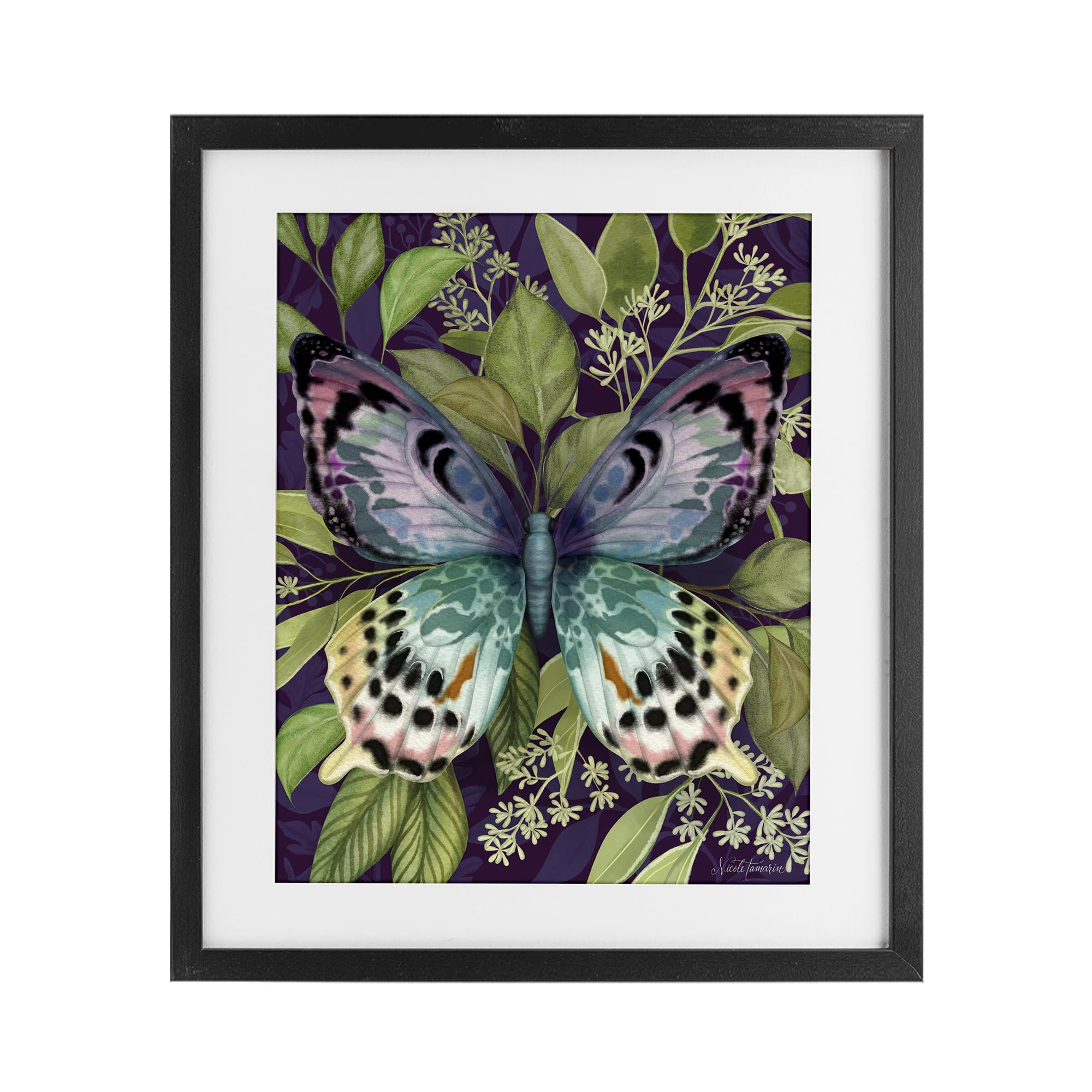 Stupell Industries Midnight Black (Textured) 'Midnight Garden Butterfly'| Framed Print Under Glass