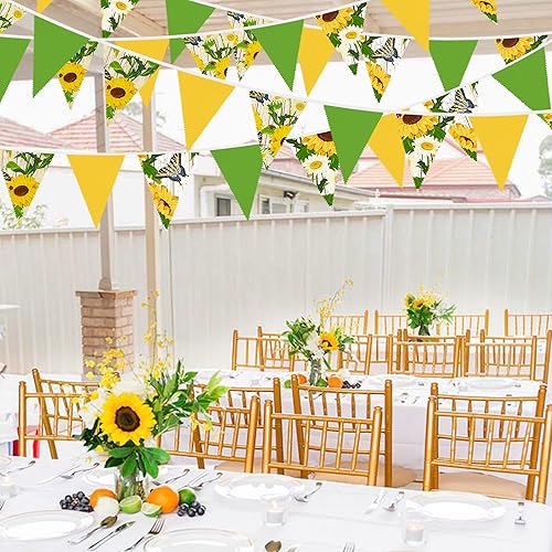 Miniatura 5 de Banderines de tela de girasol y mariposa, triangular, de 32 pies, guirnalda de banderines para decoración de fiesta de cumpleaños, boda, baby
