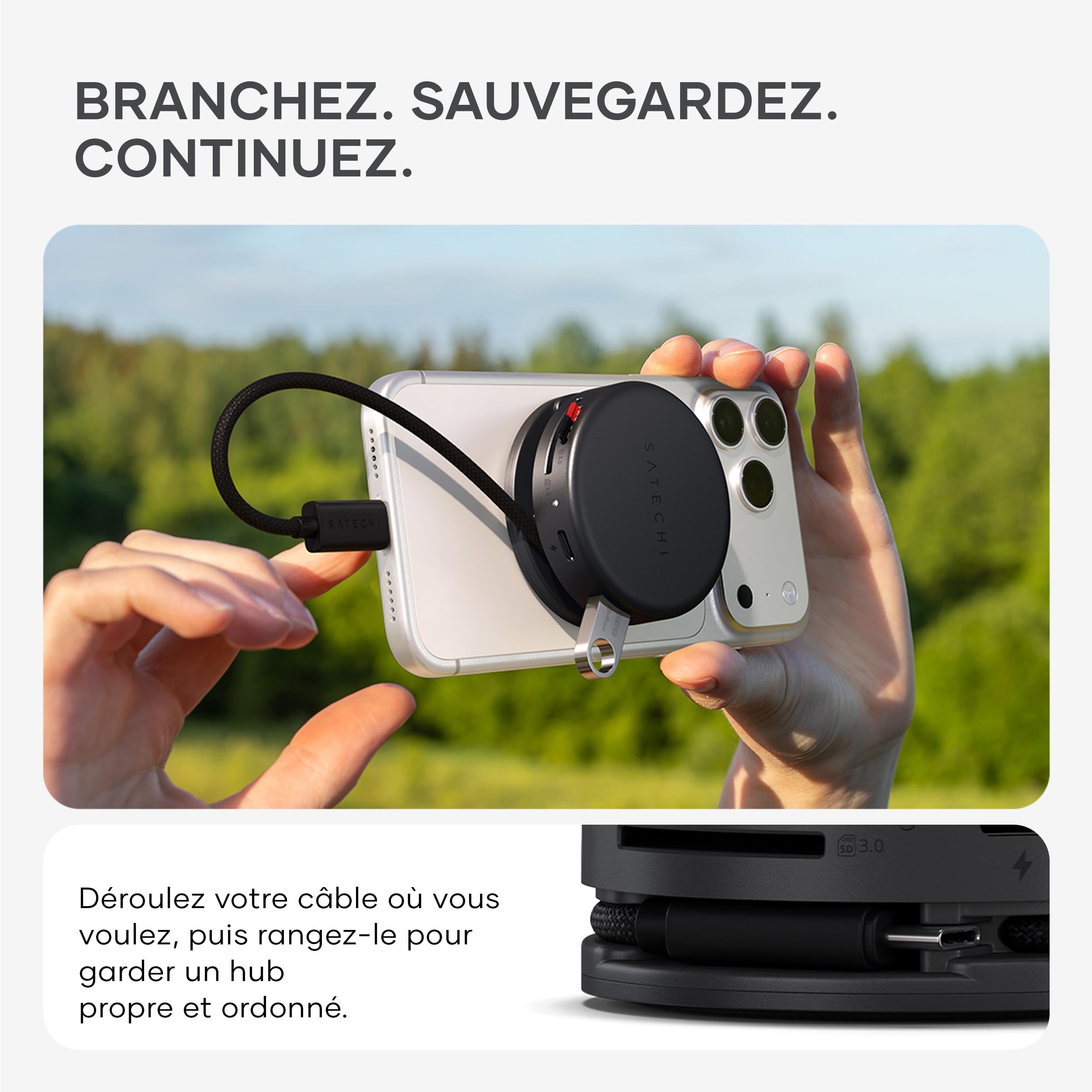 SATECHI 7 en 1 OntheGo Hub USB-C Magnétique, 100W PD, 4K HDMI, Noir | Câble enroulable intégré, fixation magnétique, 4K@60Hz, Ethernet, 2x USB-A 5Gbps, SD/microSD, pour Mac, Windows et plus