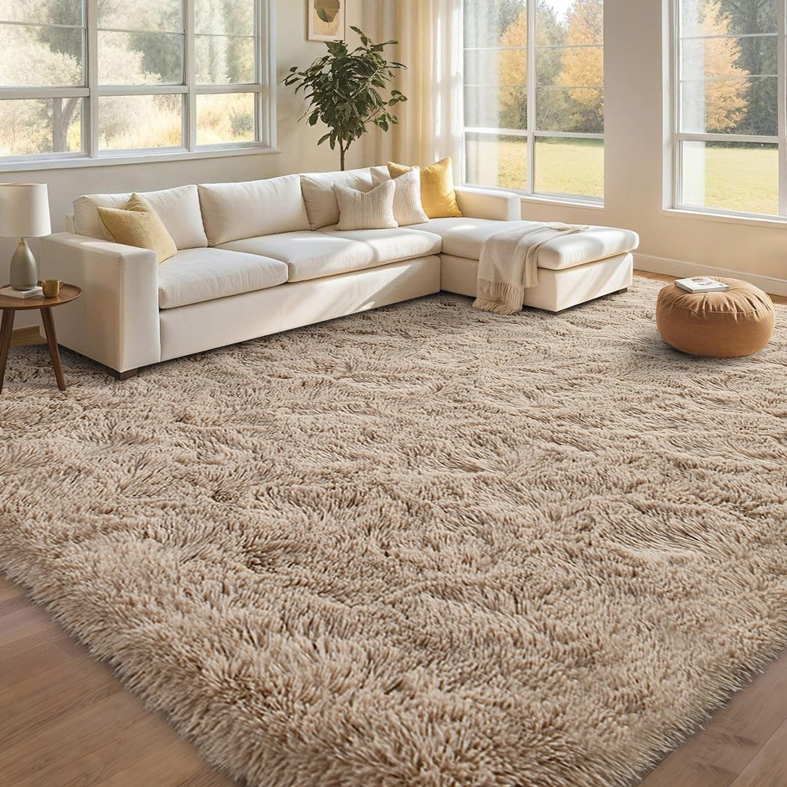 FinRèc 8x10 Feet Rugs for Bedroom Living Room, Tan Fluffy Plush Area Rug, Non-Slip High Pile Shaggy Rug for Kids Room Dorm Room Home Decor, Indoor