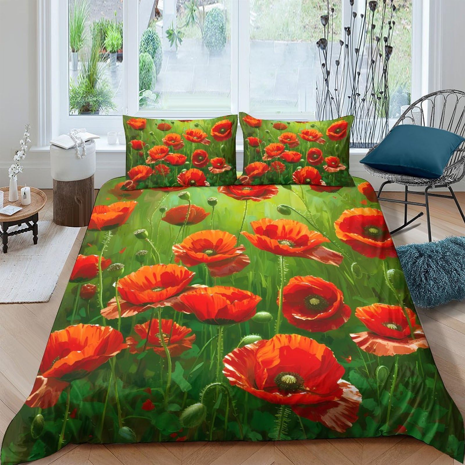 Ctjqhvkz Style-4 3D Printed Red Poppy Flower Fitted Sheet Microfiber Soft Vibrant Meadow Bed Sheet Anti-Slip Easy Care Bedroom Decor Single（135X200cm）